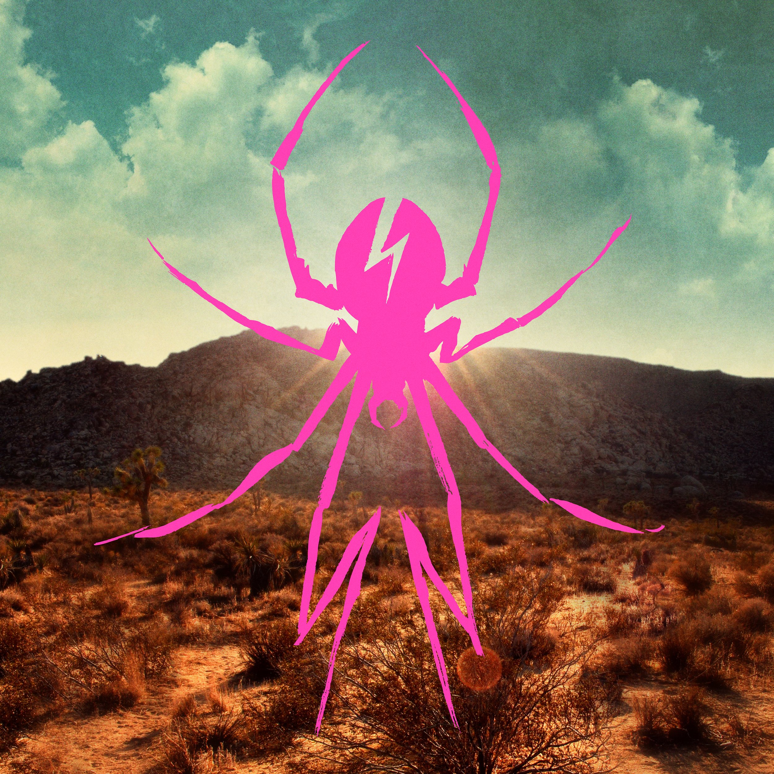 My Chemical Romance Danger Days album cover featuring a vibrant pink spider logo superimposed over a sunny desert landscape with mountains.