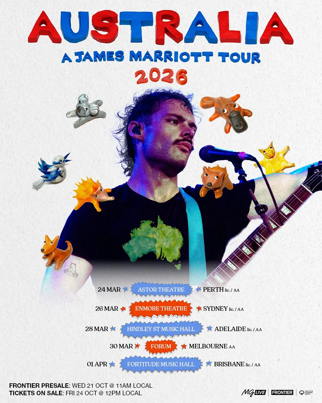 Tour poster for James Marriott’s 2026 Australia tour featuring claymation animals, tour dates in five cities, and James holding an electric guitar.
