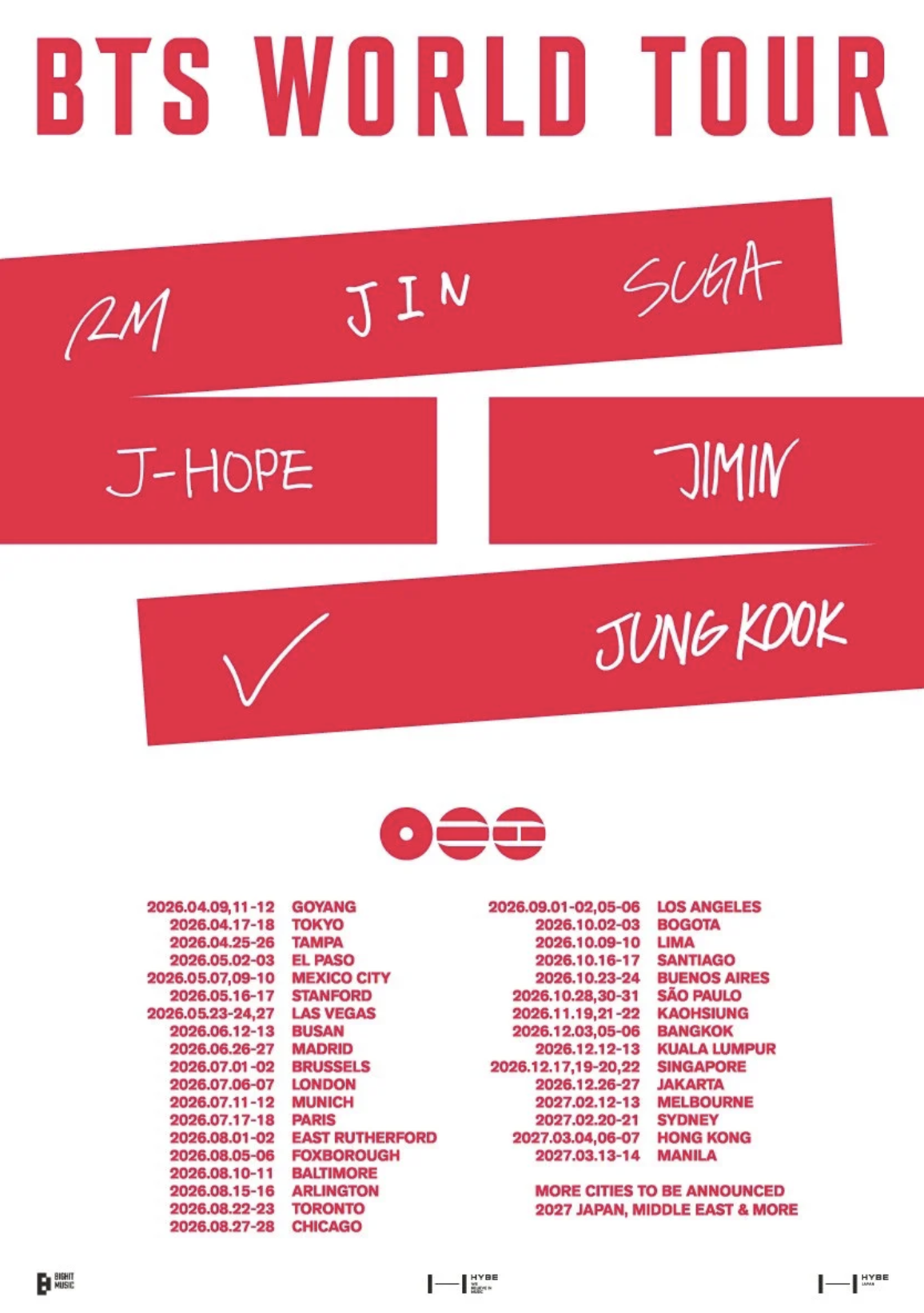 BTS World Tour poster featuring member names RM, Jin, Suga, J-Hope, Jimin, V, and Jungkook on red banners with 2026-2027 global tour dates.