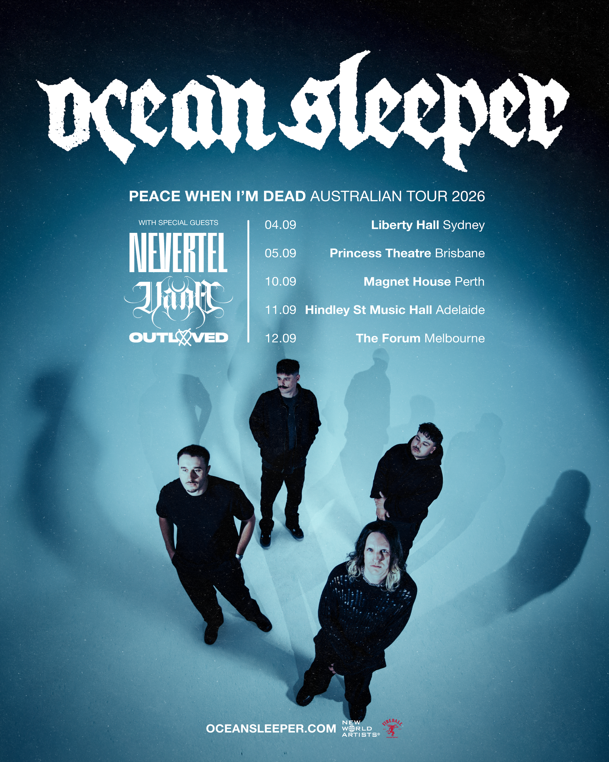 Tour poster for Ocean Sleeper Peace When I'm Dead Australian Tour 2026 with Nevertel, Inertia, Outloved. Lists Sydney, Brisbane, Perth, Adelaide, Melbourne