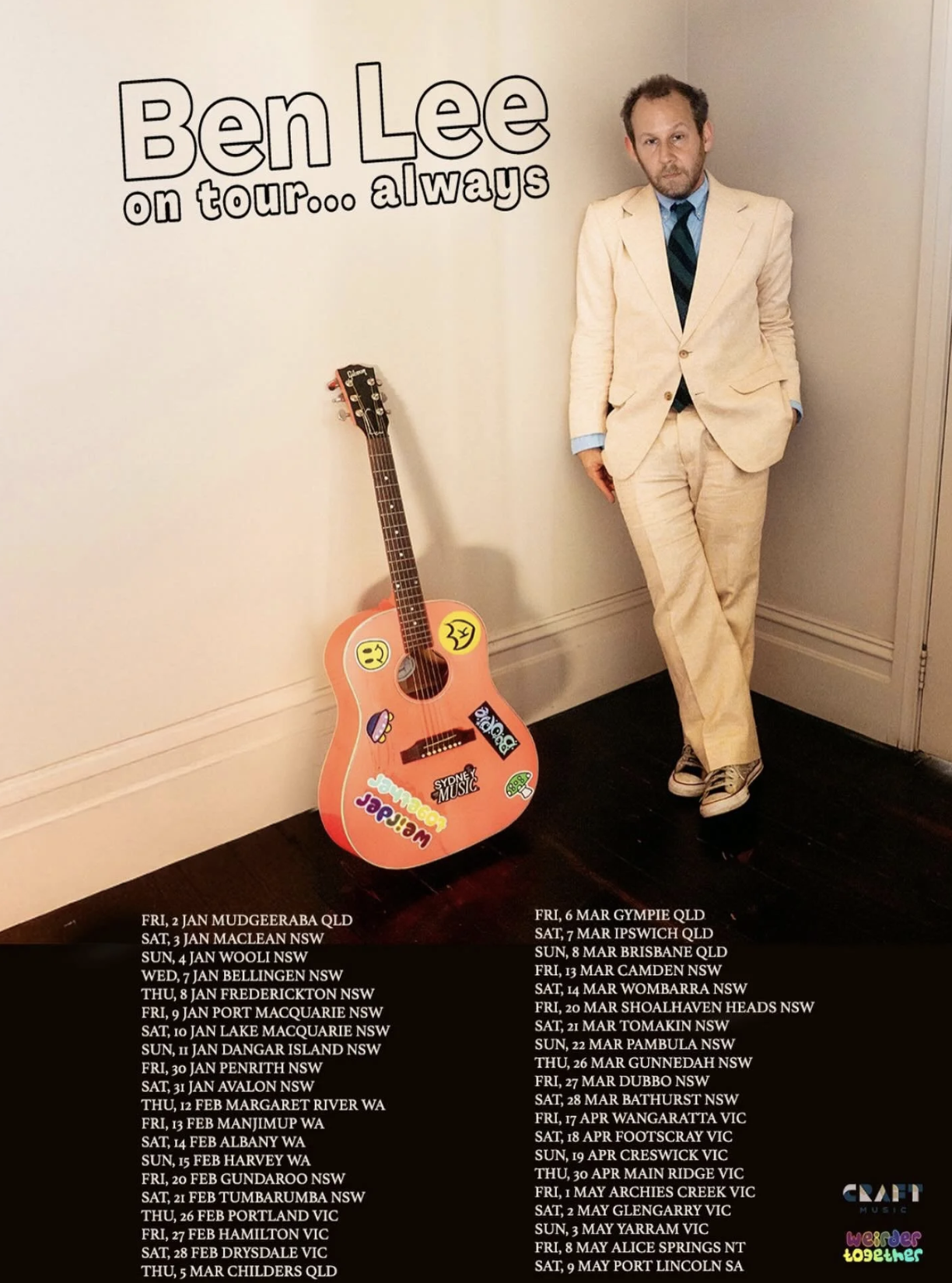 A colorful poster featuring Ben Lee in a light suit next to a sticker-covered guitar, with a full list of his Australian tour dates.
