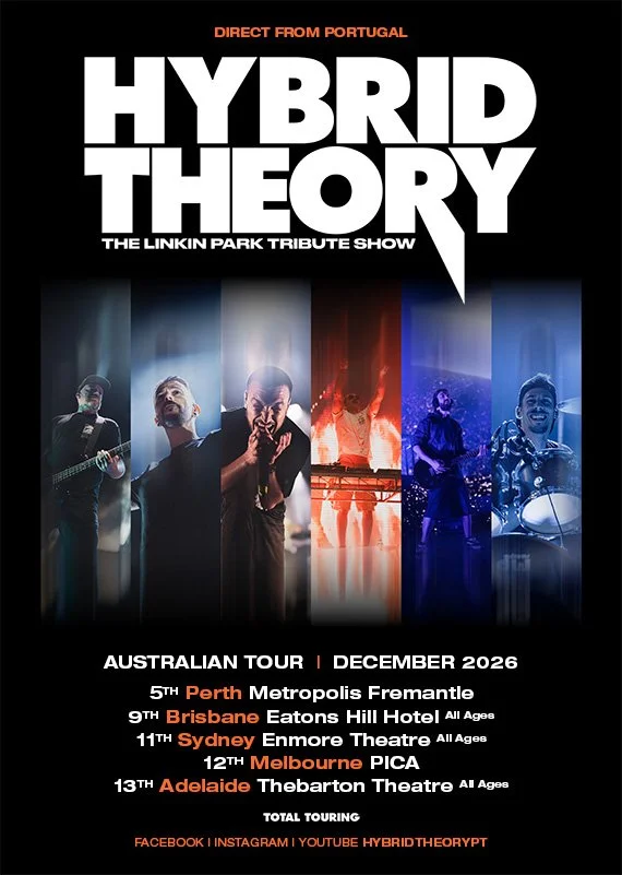 Hybrid Theory The Linkin Park Tribute Show December 2026 Australian tour poster, displaying live band member panels and five city concert dates.