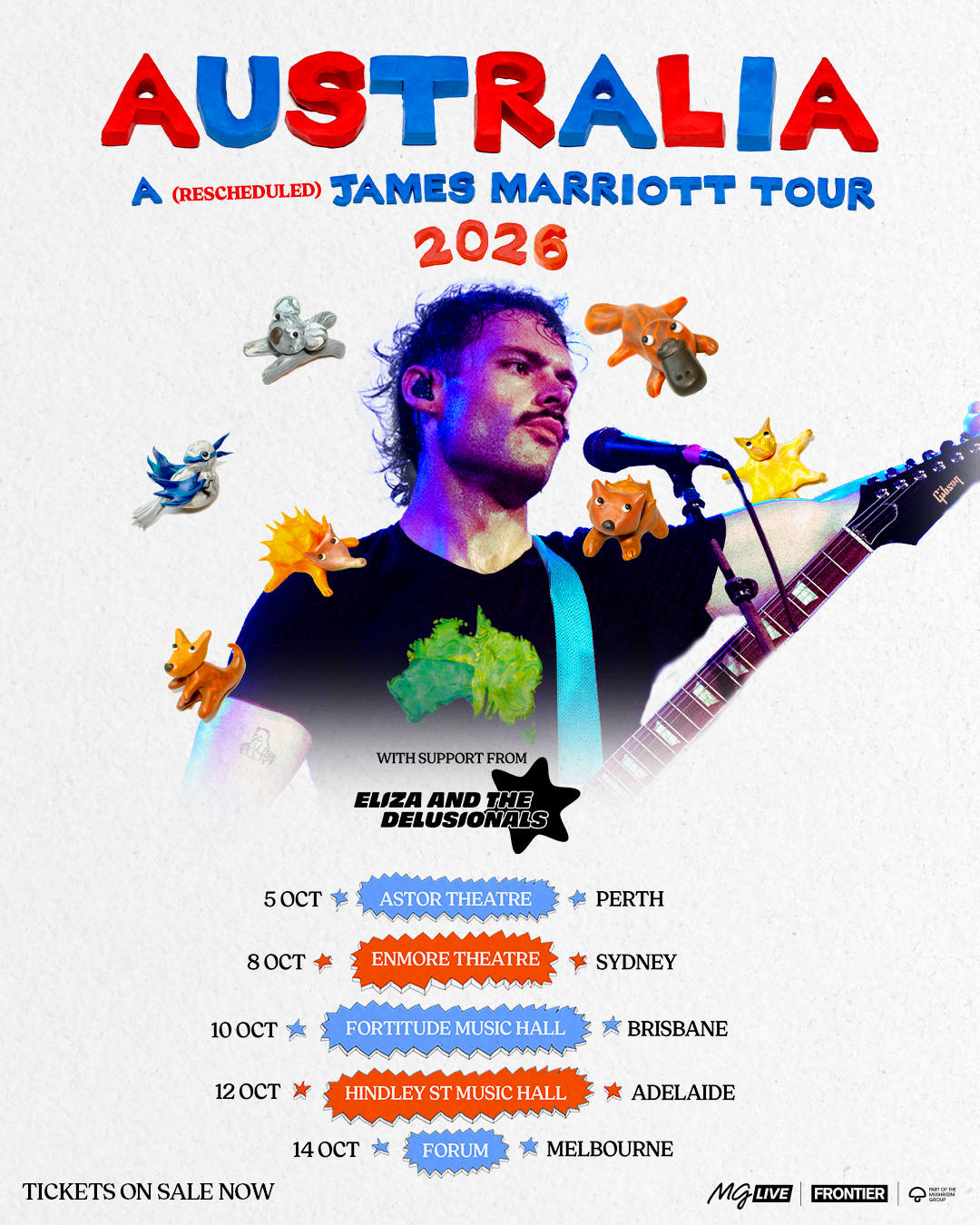 James Marriott (Rescheduled) Australia Tour 2026 poster with Eliza and the Delusionals. Dates for Perth, Sydney, Brisbane, Adelaide, and Melbourne.