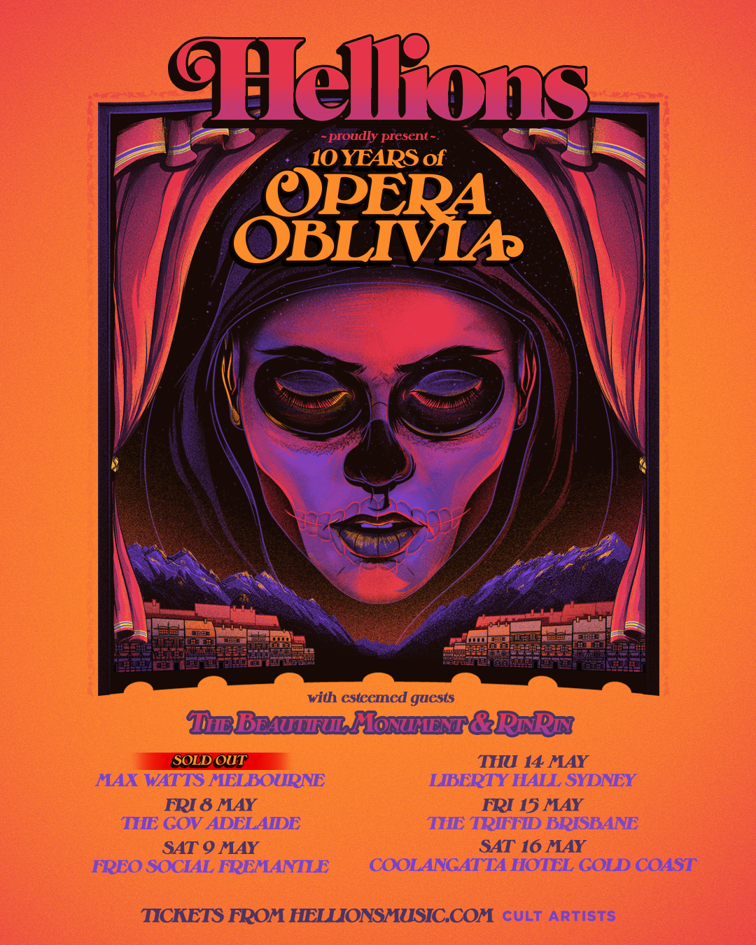 Hellions 10 Years of Opera Oblivia Tour poster. Features 2026 Australian dates for Melbourne, Adelaide, Sydney, and Brisbane on an orange backdrop.