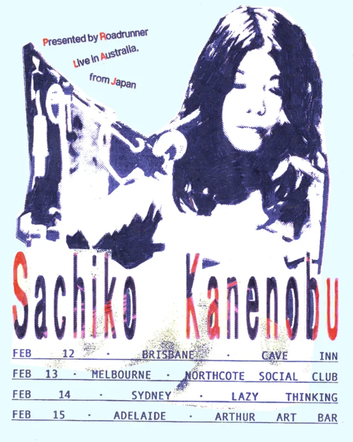 Tour poster for Sachiko Kanenobu's 2026 Australian tour. It features a blue stylized portrait of the artist and lists four February dates.