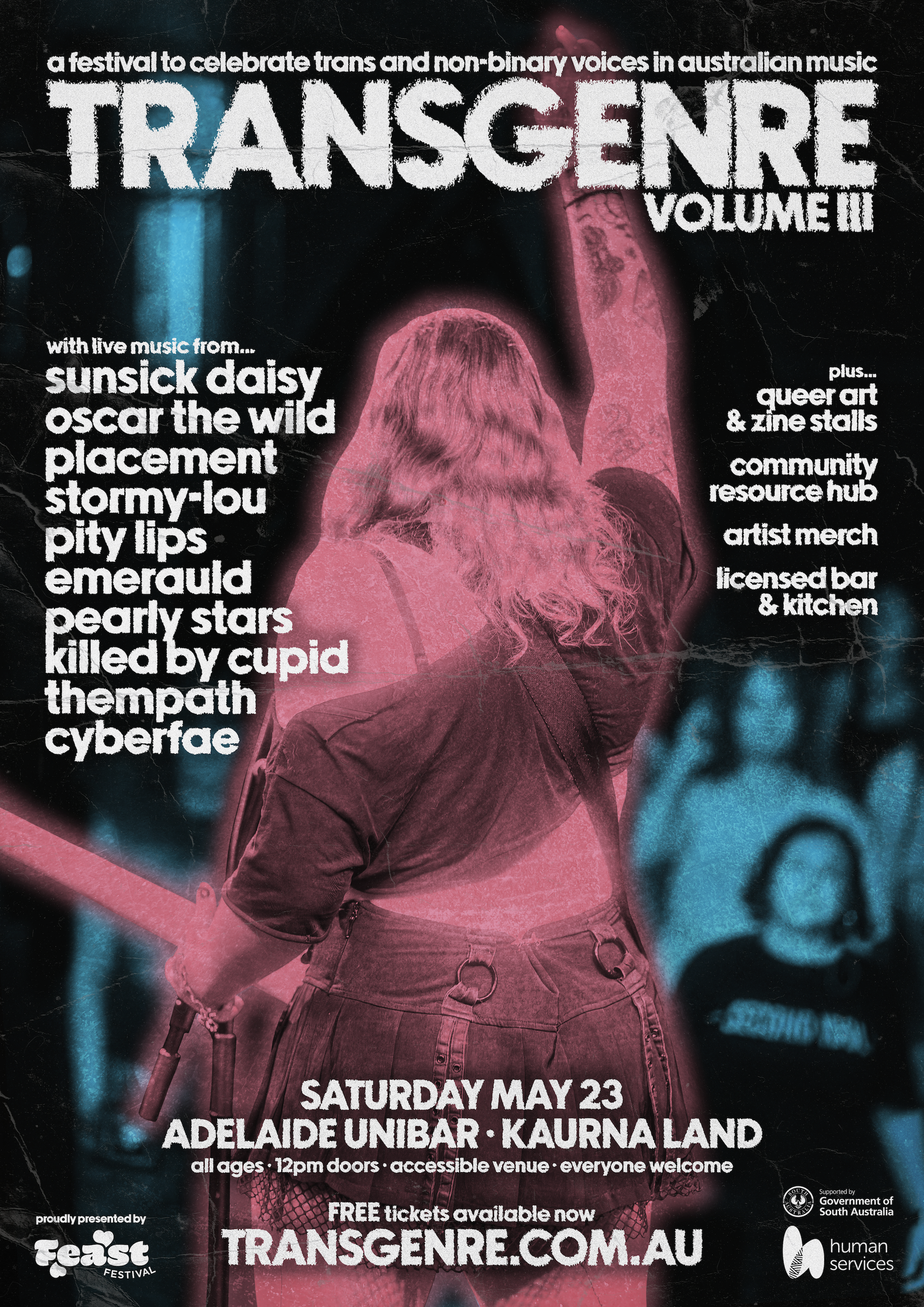 TRANSGENRE Volume III festival poster for May 23 at Adelaide UniBar. Celebrating trans and non-binary voices with a lineup including Sunsick Daisy.
