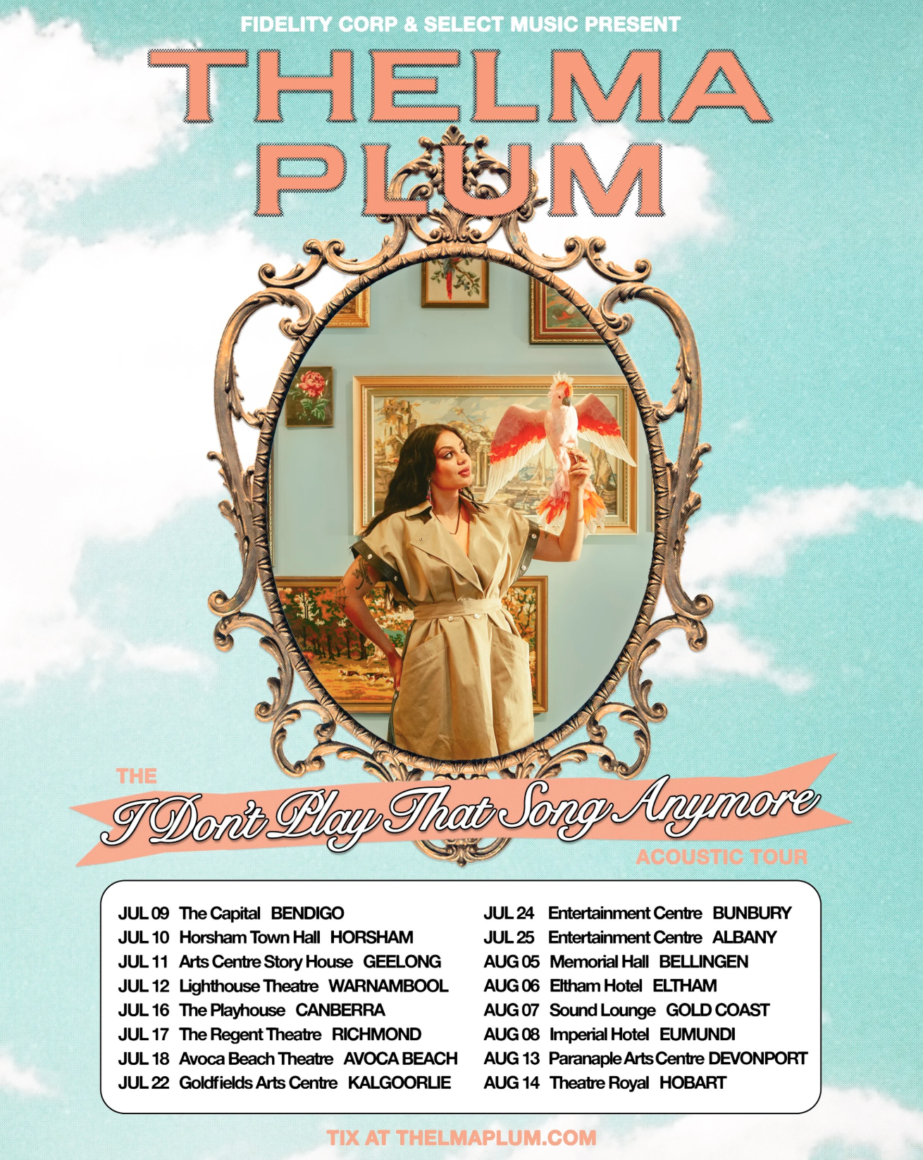 Thelma Plum I Don't Play That Song Anymore acoustic tour poster. Features a portrait in a gold mirror frame over a blue sky and tour dates.
