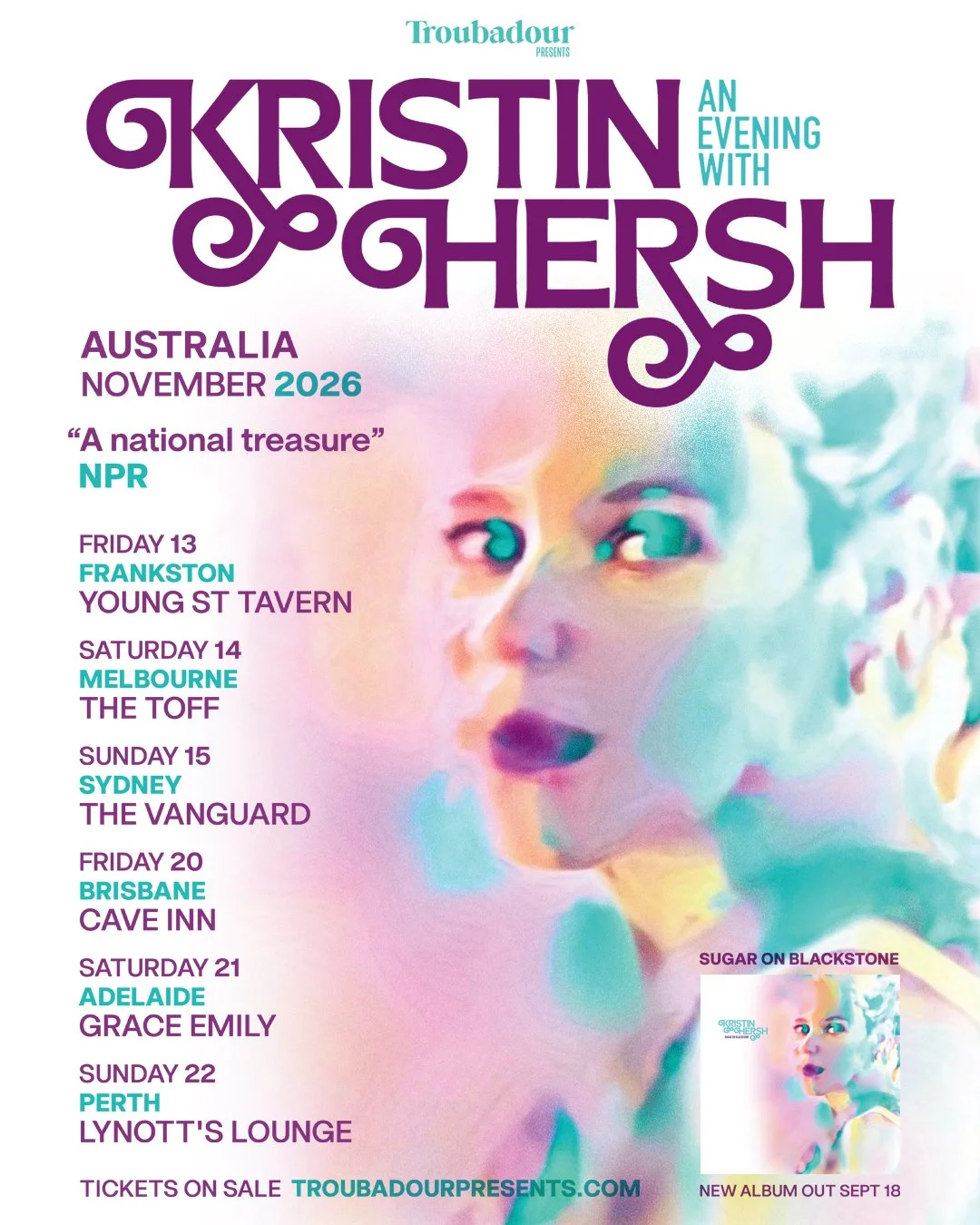 Kristin Hersh 2026 Australian tour poster titled An Evening With Kristin Hersh, featuring a colorful stylized portrait and November concert dates.