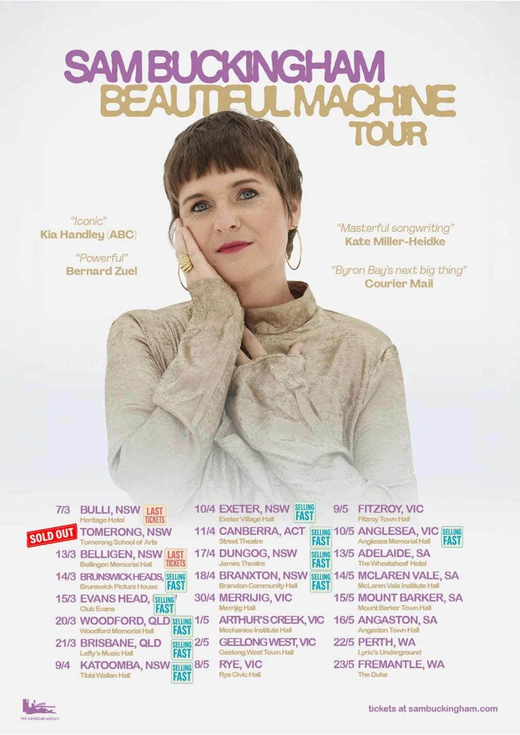 Tour poster for Sam Buckingham’s Beautiful Machine Australian Tour. Featuring tour dates, venues across NSW, VIC, QLD, and WA, and critic reviews.