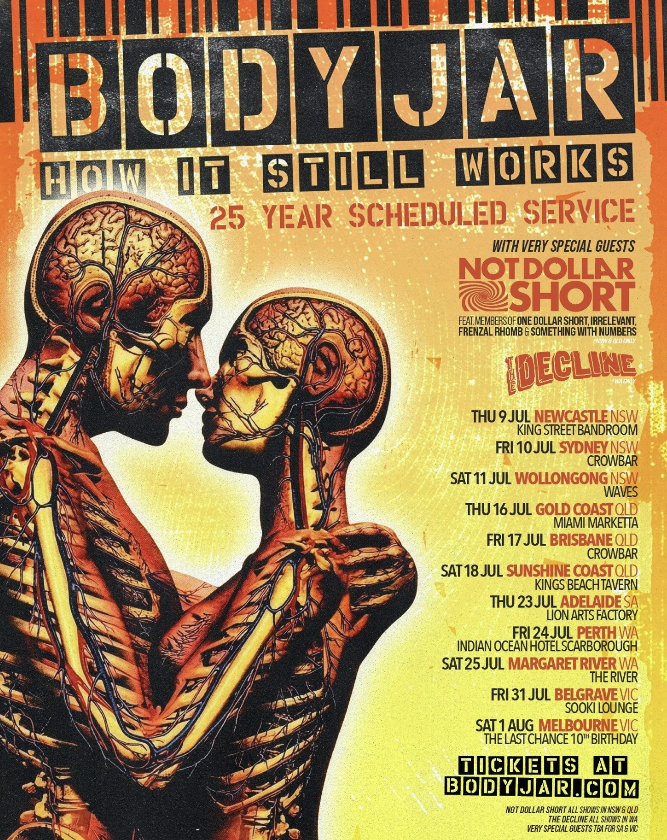 Bodyjar "How It Still Works" 25-year tour poster. Features anatomical human figures over a yellow-orange background with Australian tour dates and venues.