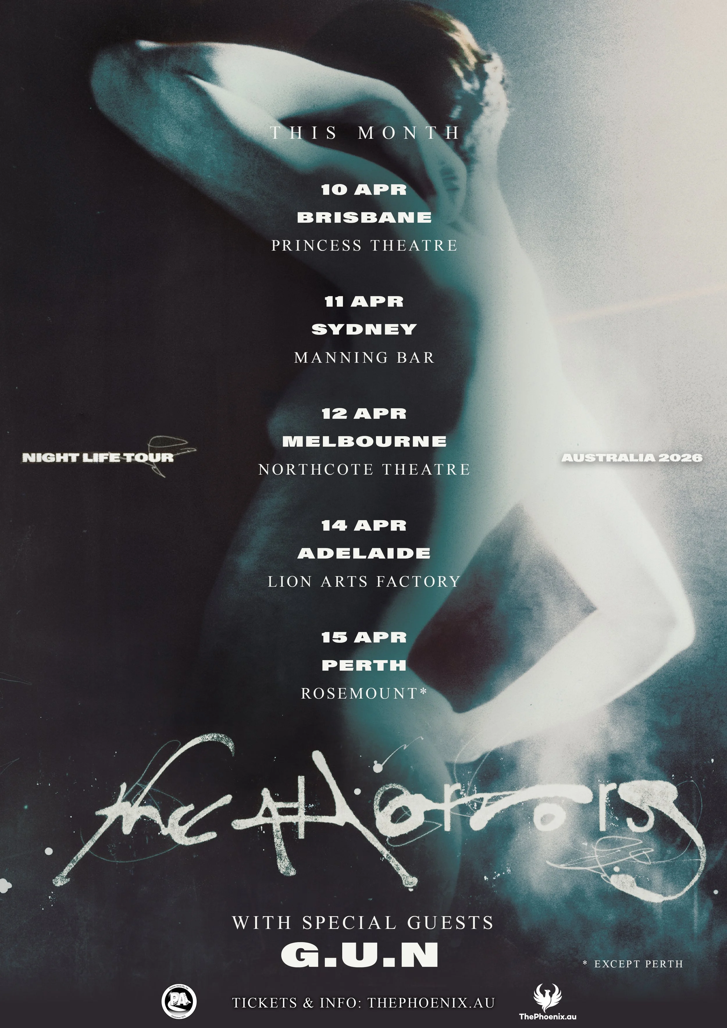 The Horrors Night Life Tour 2026 Australia poster. Features tour dates for Brisbane, Sydney, Melbourne, Adelaide, and Perth with special guests G.U.N.