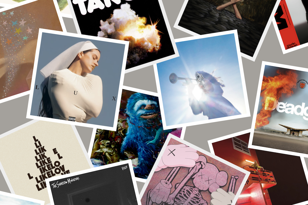 Collage of top 2025 albums including Rosalía’s LUX, Addison Rae, Wu-Tang Clan, The Shadow Ministers Vol II, and Deadgod, featuring various cover art.