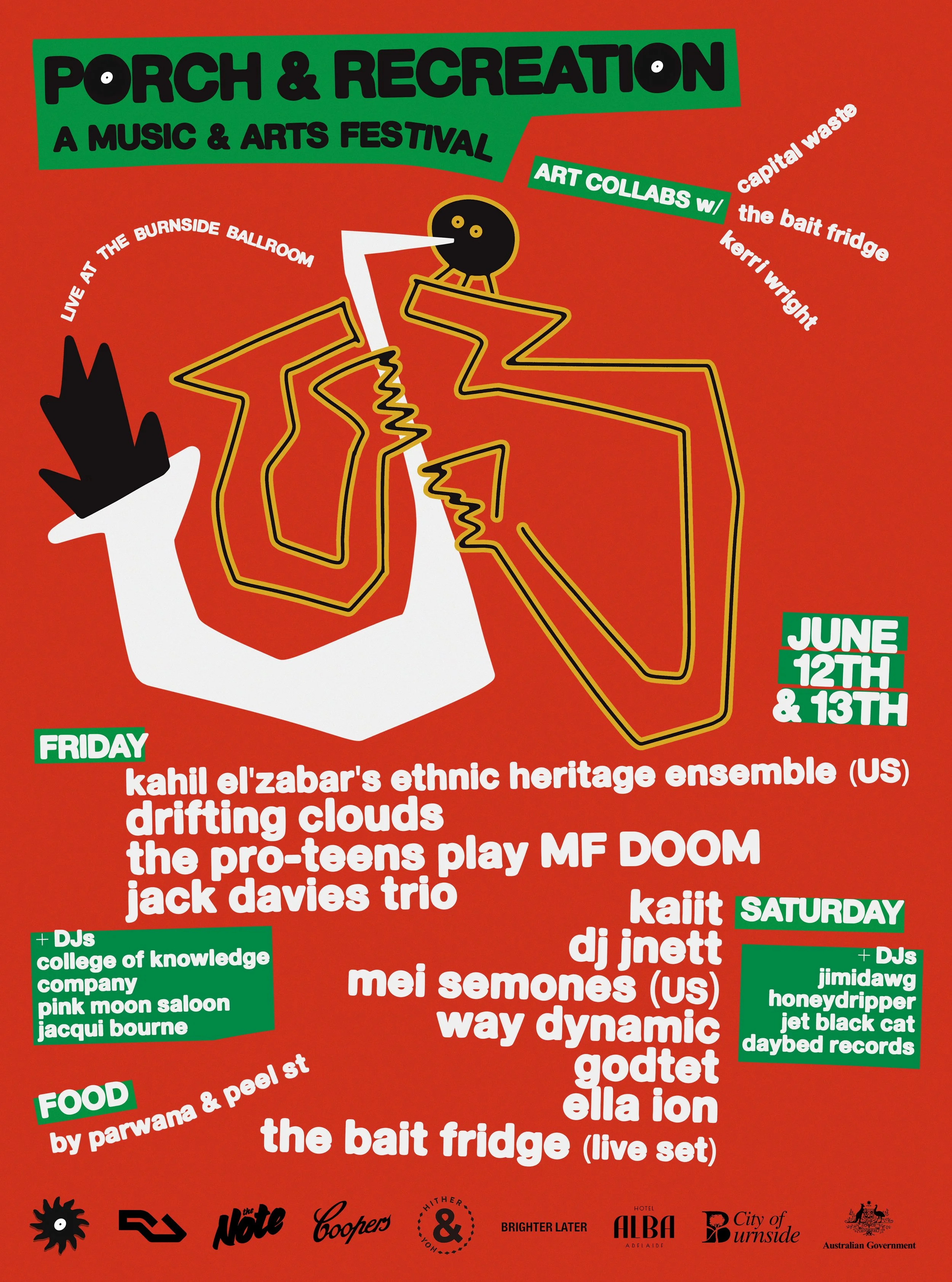 Porch & Recreation Festival poster for June 12-13 at Burnside Ballroom, listing acts like Kahil El'Zabar's ensemble and Kaiit on a red background.