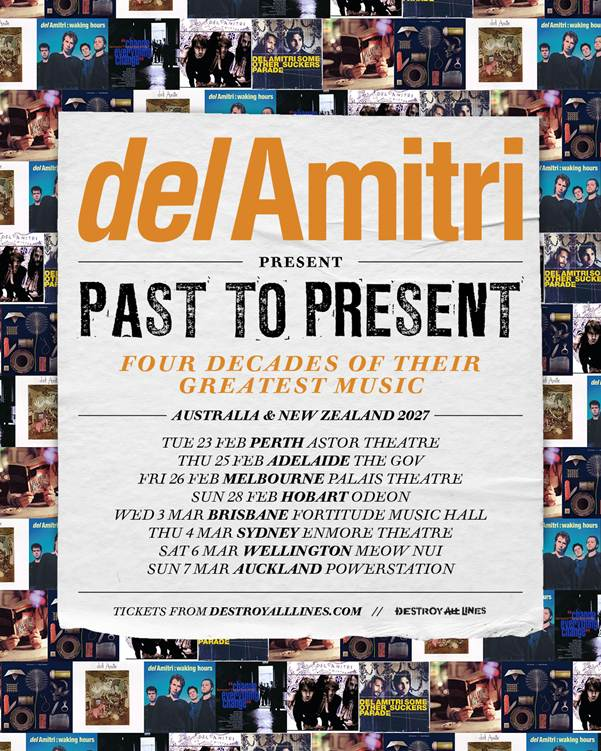 Del Amitri Past to Present 2027 tour poster for Australia & New Zealand, listing concert dates for Perth, Adelaide, Melbourne, and more