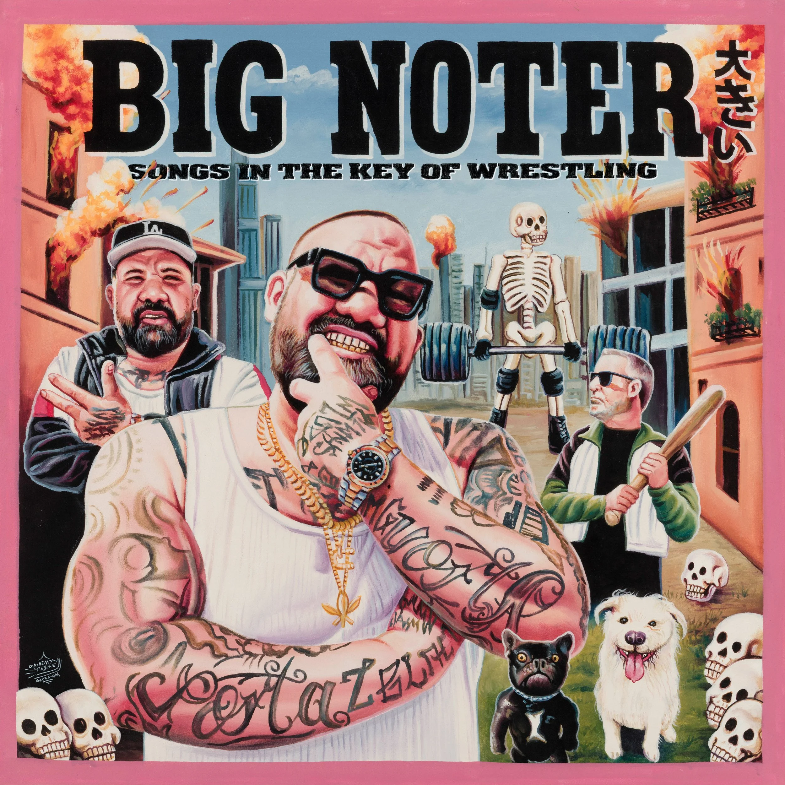 Big Noter "Songs in the Key of Wrestling" album cover illustration featuring tattooed figures, a skeleton lifting weights, and dogs on a pink border.