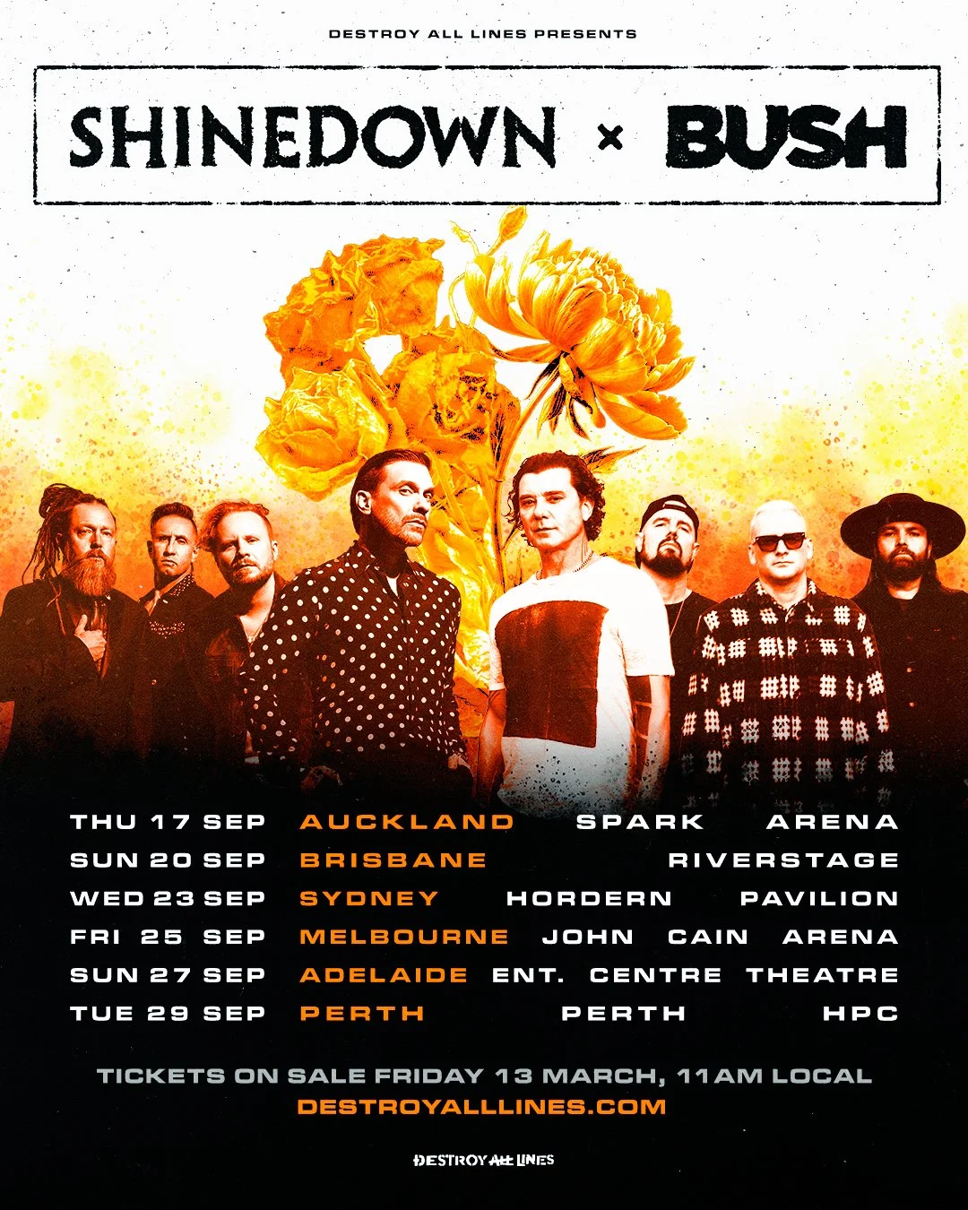 Shinedown and Bush 2026 Australia and New Zealand tour poster. Features dates for Auckland, Brisbane, Sydney, Melbourne, Adelaide, and Perth.