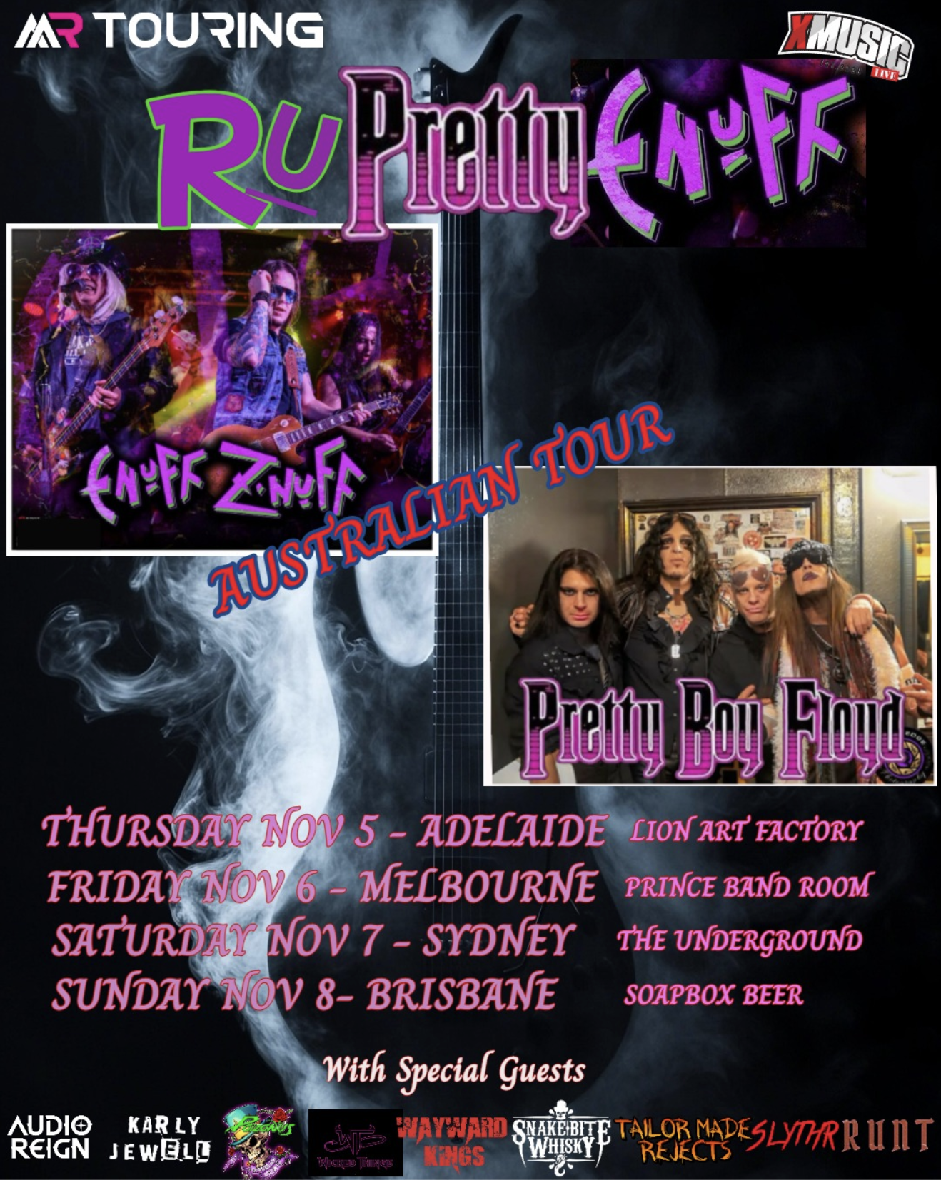 Enuff Z’Nuff and Pretty Boy Floyd Australian Tour poster with dates for Adelaide, Melbourne, Sydney, and Brisbane. Features band photos and smoke art.