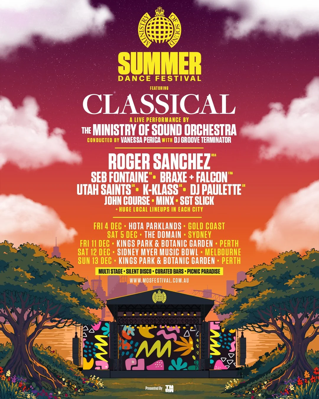 Ministry of Sound Classical Summer Dance Festival poster featuring Roger Sanchez, with Australian dates for Gold Coast, Sydney, Perth, Melbourne.