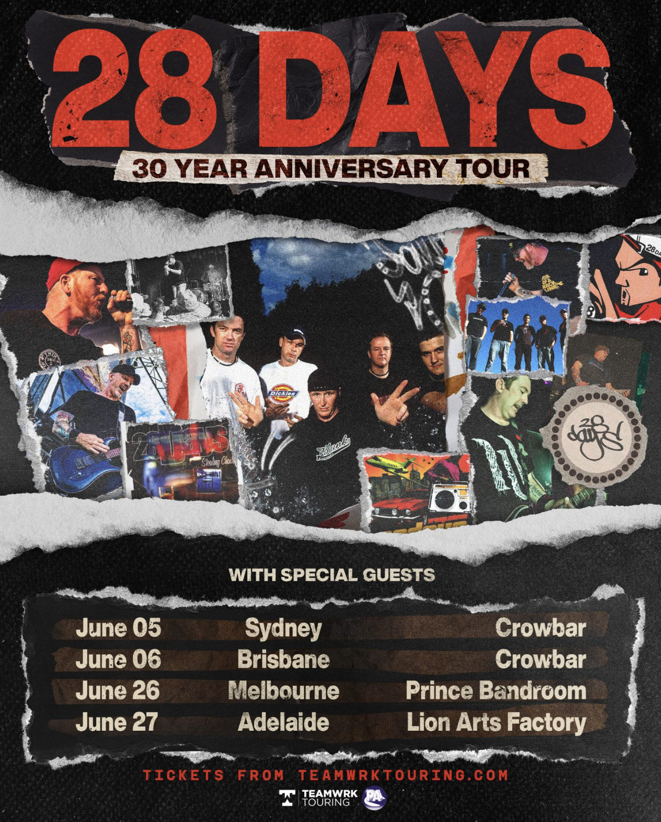 28 Days 30 Year Anniversary Tour poster. 2026 dates at Crowbar Sydney, Crowbar Brisbane, Prince Bandroom Melbourne, and Lion Arts Factory Adelaide.