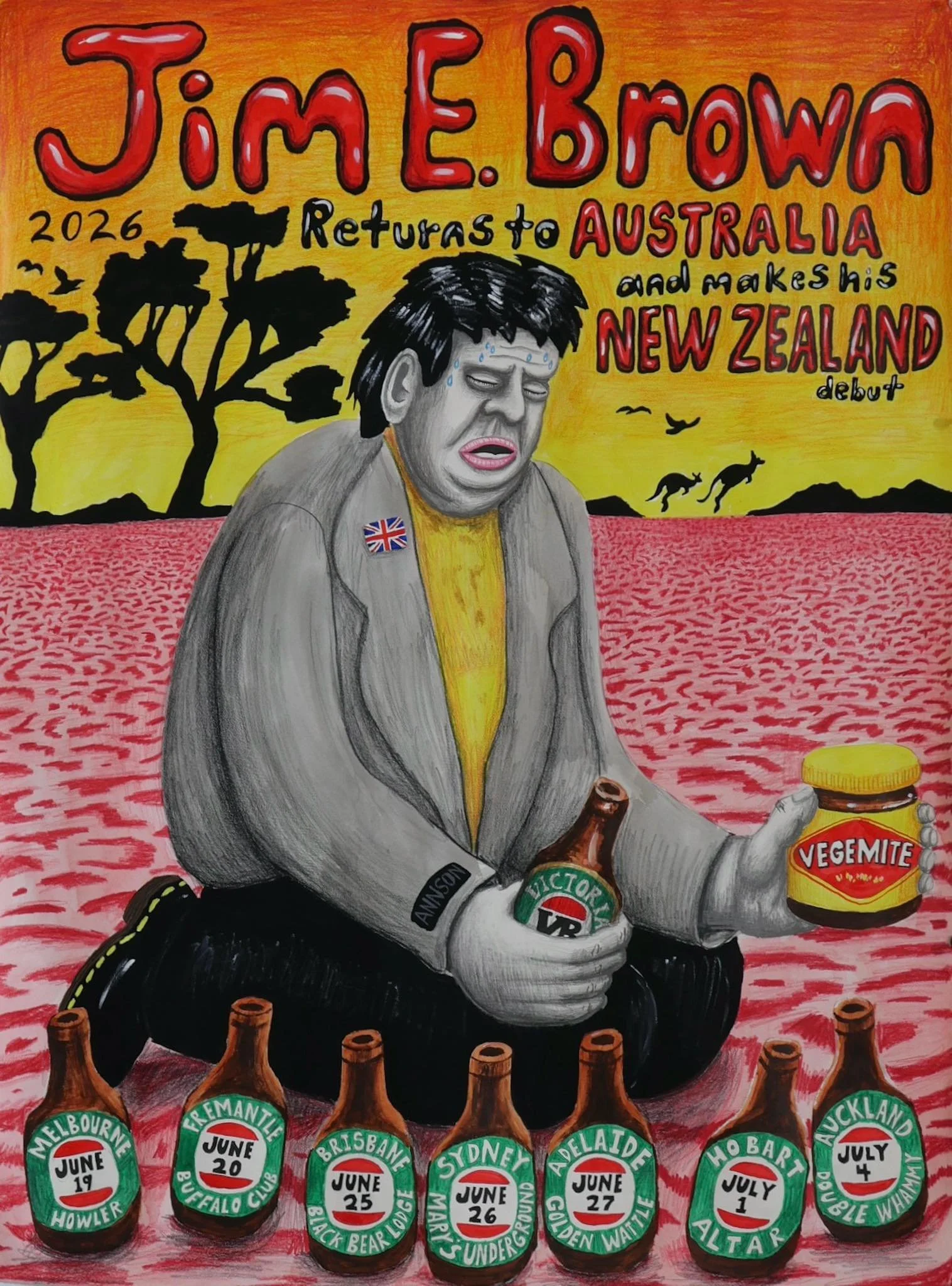 Illustrated tour poster for Jim E Brown’s 2026 Australia and New Zealand tour. Lists June and July dates for Melbourne, Sydney, Brisbane, and Auckland.