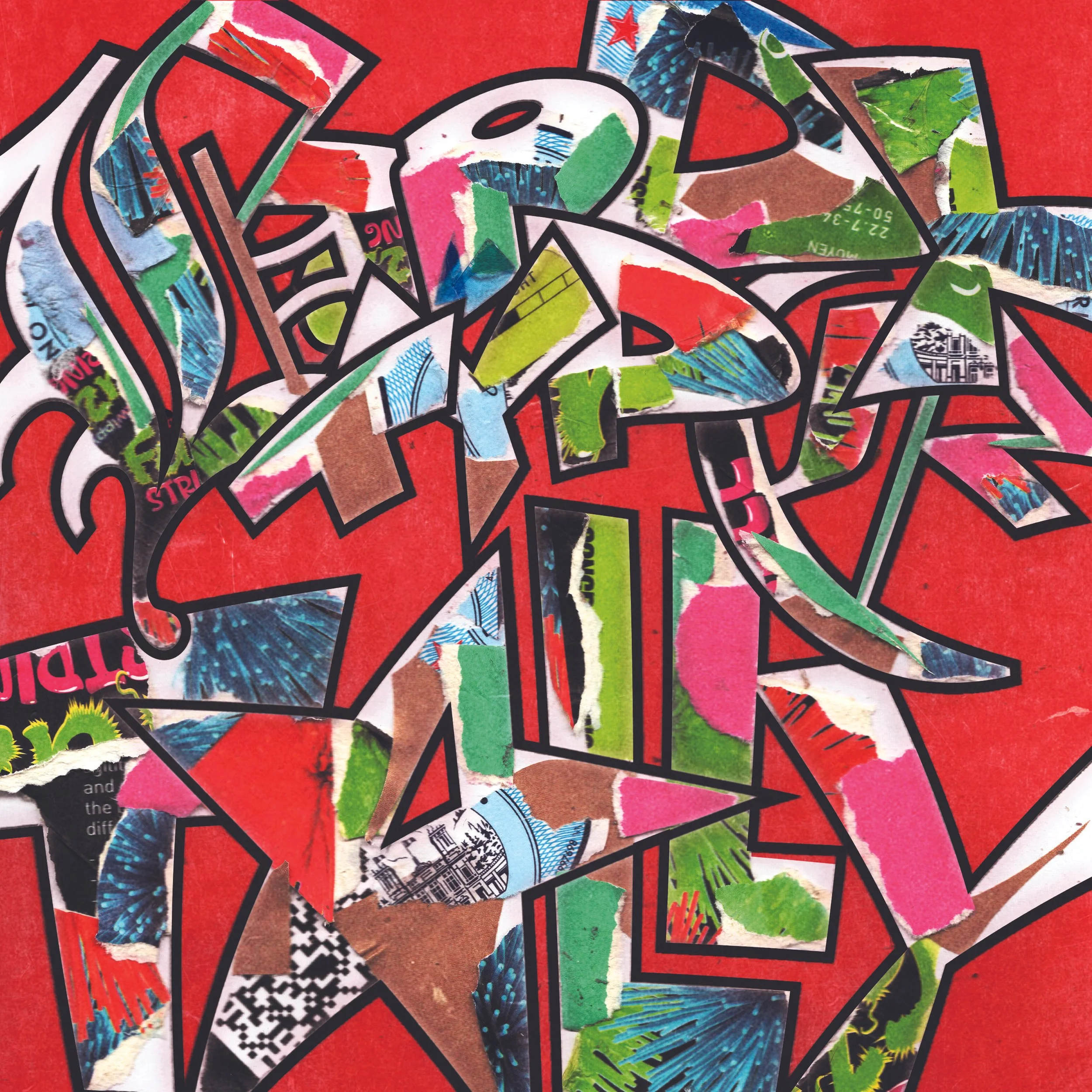 Album artwork for 'Tally' by Body Type, featuring textured paper collages filling abstract, black-outlined graffiti text over a bright red backdrop.