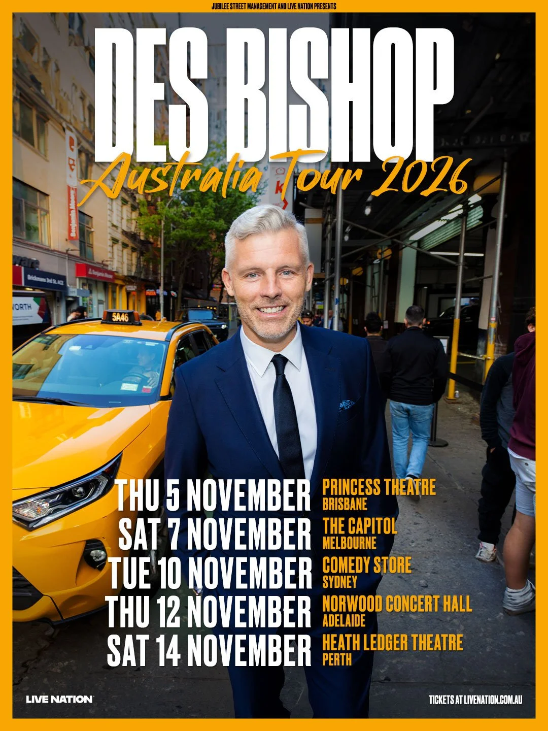 Tour poster for Des Bishop’s 2026 Australia Tour, featuring dates for Brisbane, Melbourne, Sydney, Adelaide, and Perth throughout November.