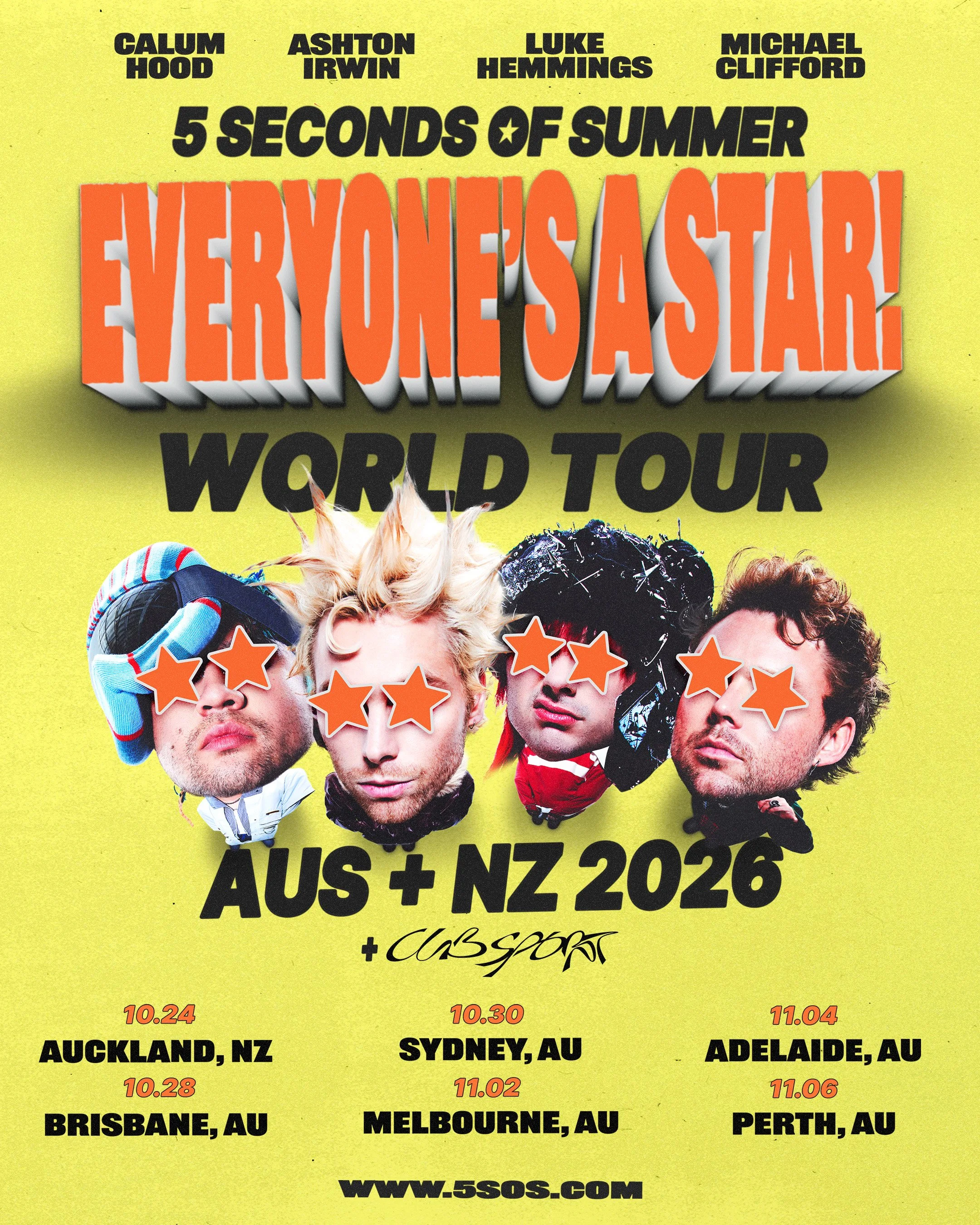 5 Seconds of Summer "Everyone's a Star" 2026 World Tour poster for Australia and New Zealand. Featuring Calum, Ashton, Luke, and Michael on yellow.