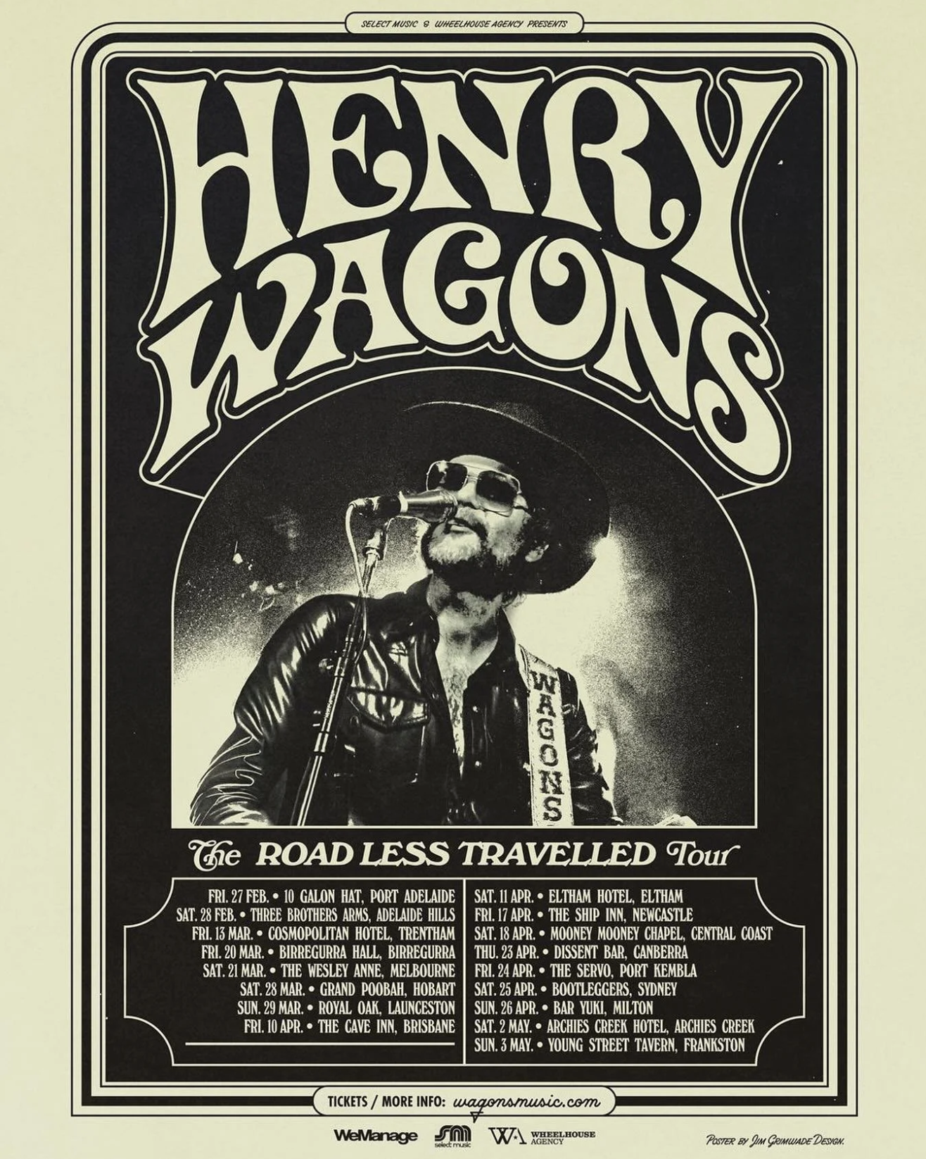Henry Wagons' "The Road Less Travelled Tour" poster with his photo and Australian performance dates, in a vintage black and white style.