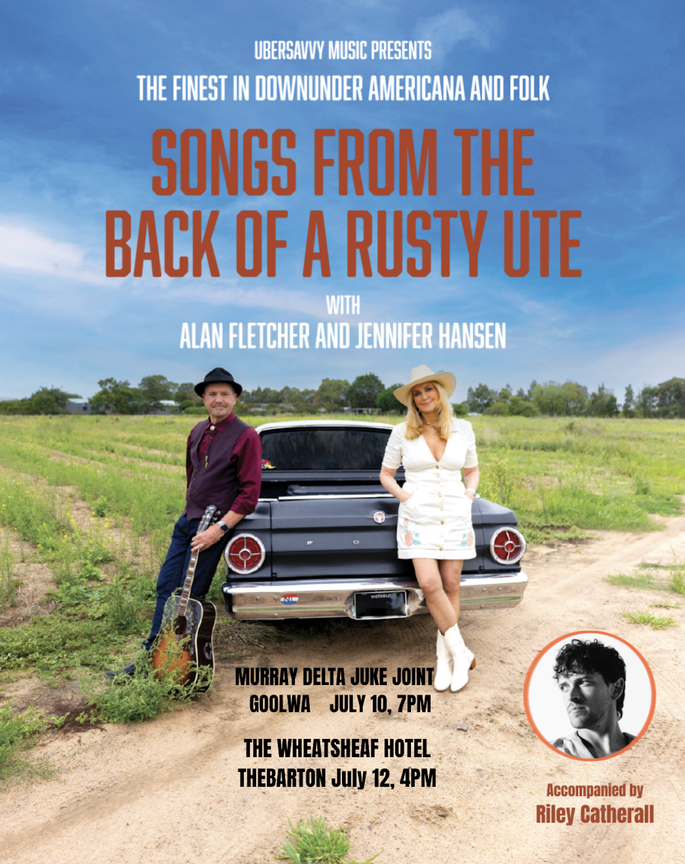 Alan Fletcher and Jennifer Hansen tour poster for Songs From The Back Of A Rusty Ute with 2026 South Australia folk and Americana music tour dates.