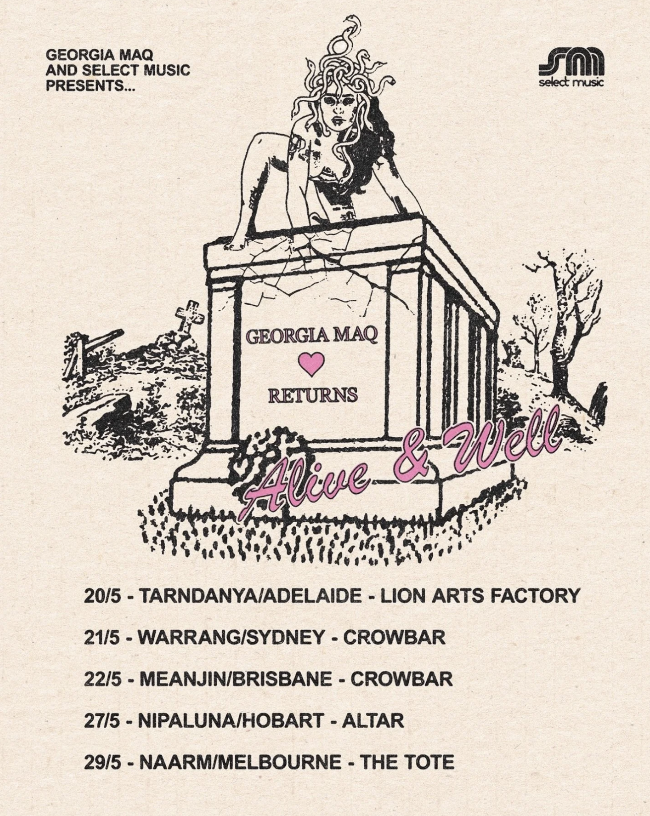 Georgia Maq "Alive & Well" 2026 Australian tour poster featuring Medusa artwork and dates for Adelaide, Sydney, Brisbane, Hobart, and Melbourne.