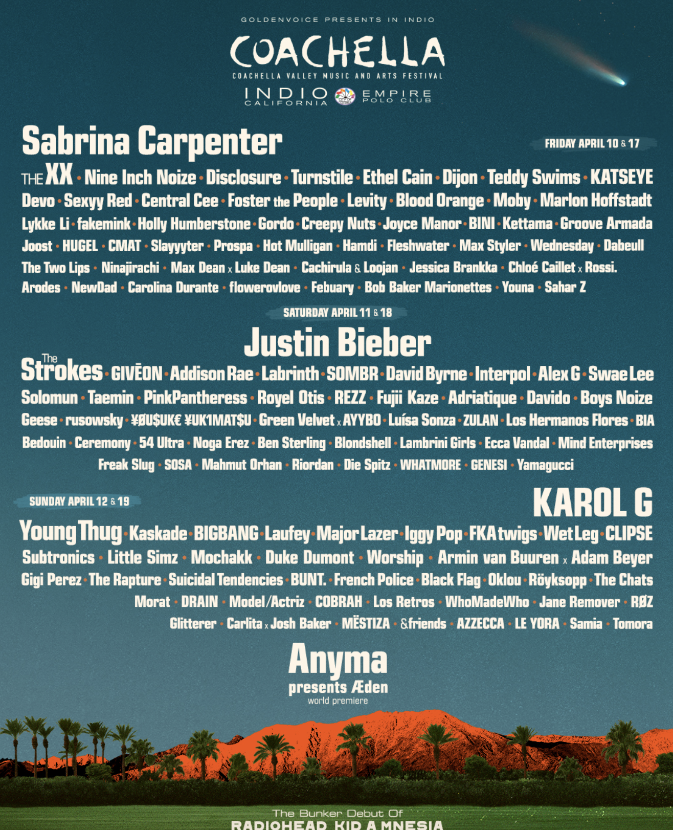 Official Coachella 2026 lineup poster featuring headliners Sabrina Carpenter, Justin Bieber, and Karol G for the festival at Empire Polo Club, Indio.