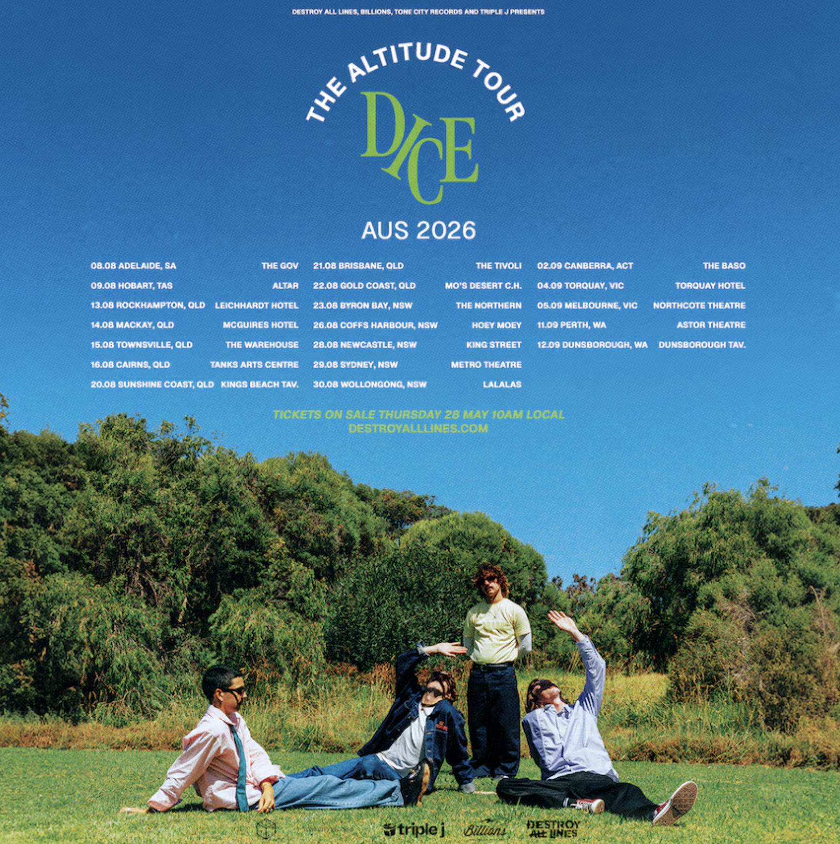 DICE The Altitude Tour AUS 2026 poster featuring the band in a sunny field below a list of August and September Australian tour dates.