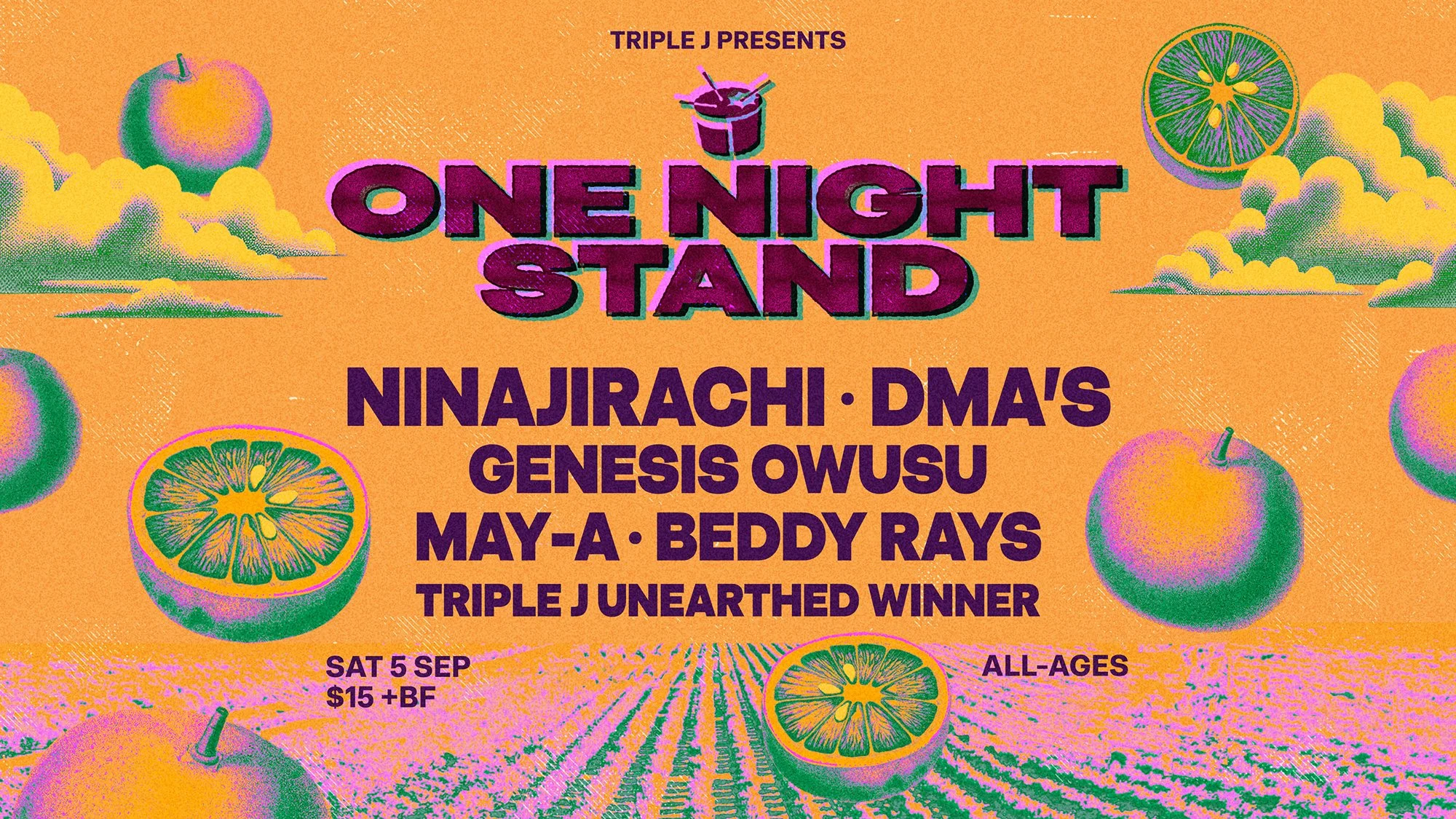Poster for triple j's One Night Stand on Sat 5 Sep, featuring Ninajirachi, DMA'S, Genesis Owusu, MAY-A, Beddy Rays, over a grainy orange citrus theme.