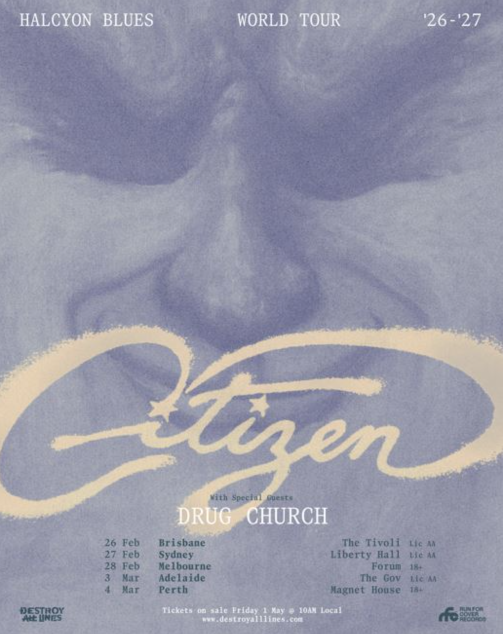 Citizen Halcyon Blues World Tour 26-27 poster featuring Drug Church. Australian dates for Brisbane, Sydney, Melbourne, Adelaide, and Perth on purple.