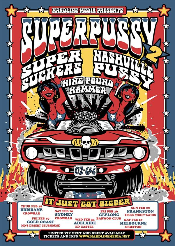 Superpussy 2 tour poster for The Supersuckers and Nashville Pussy, showing a red muscle car driven by two cartoon devil women over tour dates.