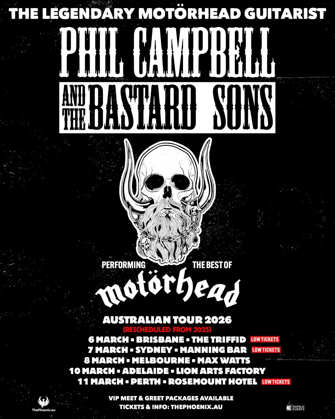A tour poster for Phil Campbell and the Bastard Sons. It features a horned skull with a beard and lists Australian Tour 2026 dates.