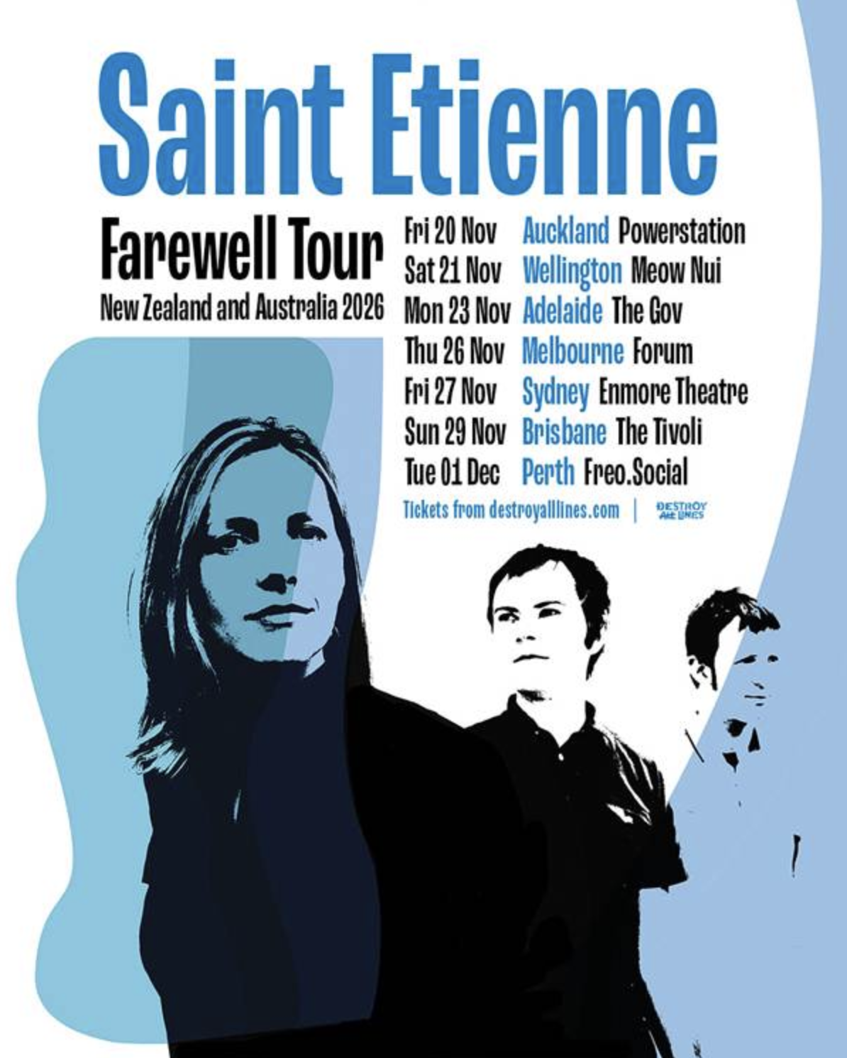 Saint Etienne Farewell Tour New Zealand and Australia 2026 poster featuring stylized band portraits and tour dates on a blue and white background.