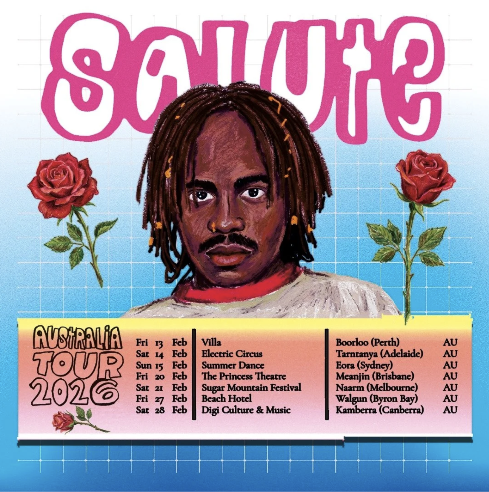 A vibrant, retro-styled tour poster for Salute's Australia Tour 2026. It features a portrait of the artist, roses, and a list of Australian Feb 2026 dates/cities.