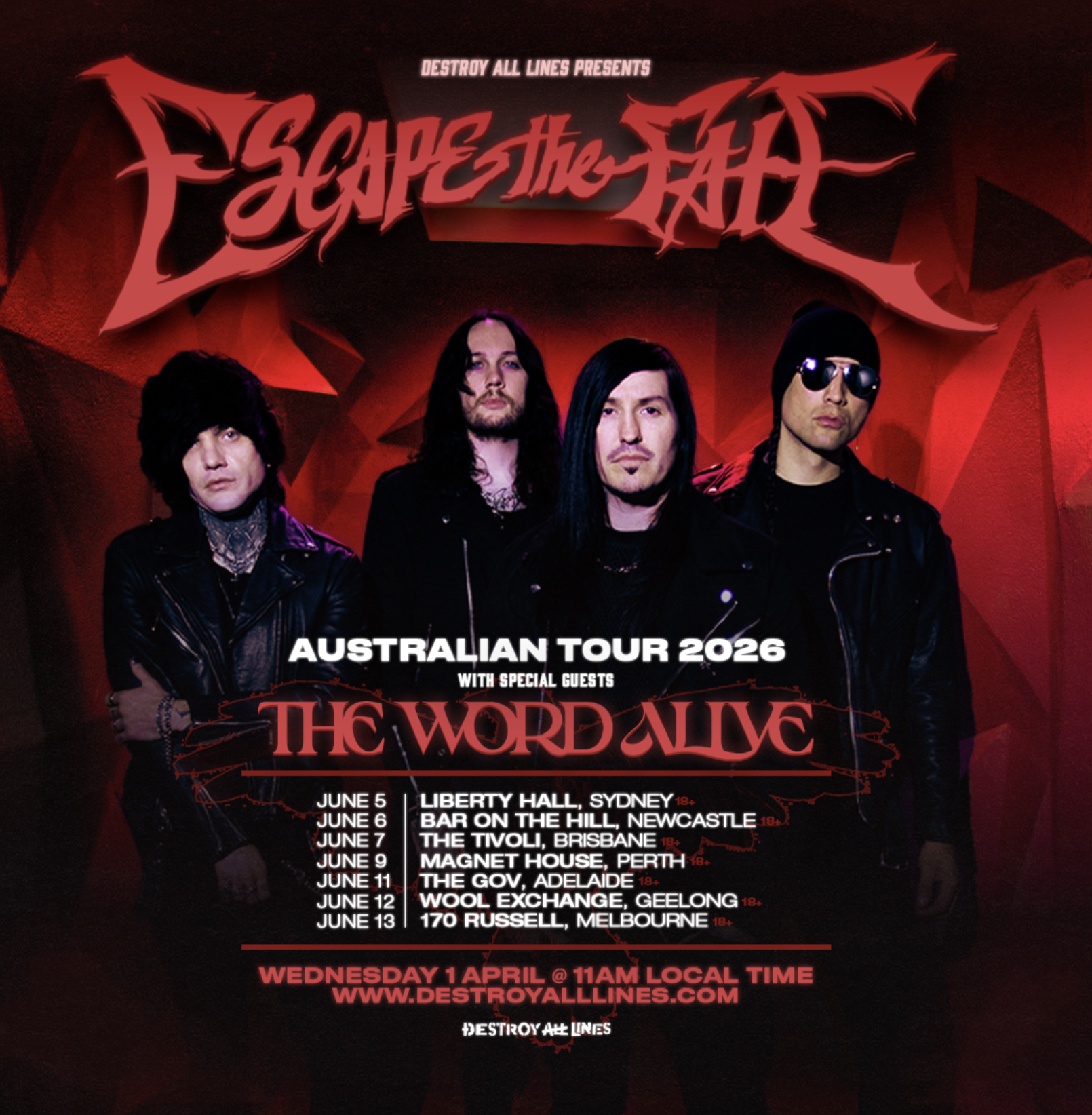 Escape the Fate Australian Tour 2026 poster with The Word Alive. Red background, band photo, dates for Sydney, Brisbane, Perth, Adelaide, Melbourne.