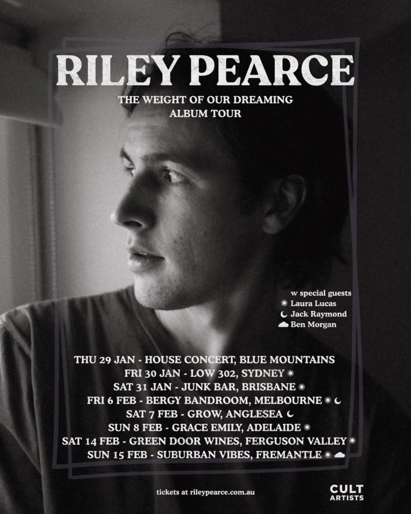 Riley Pearce 'The Weight of Our Dreaming' Album Tour poster. Dates include Sydney, Brisbane, Melbourne, Adelaide, and Fremantle shows.