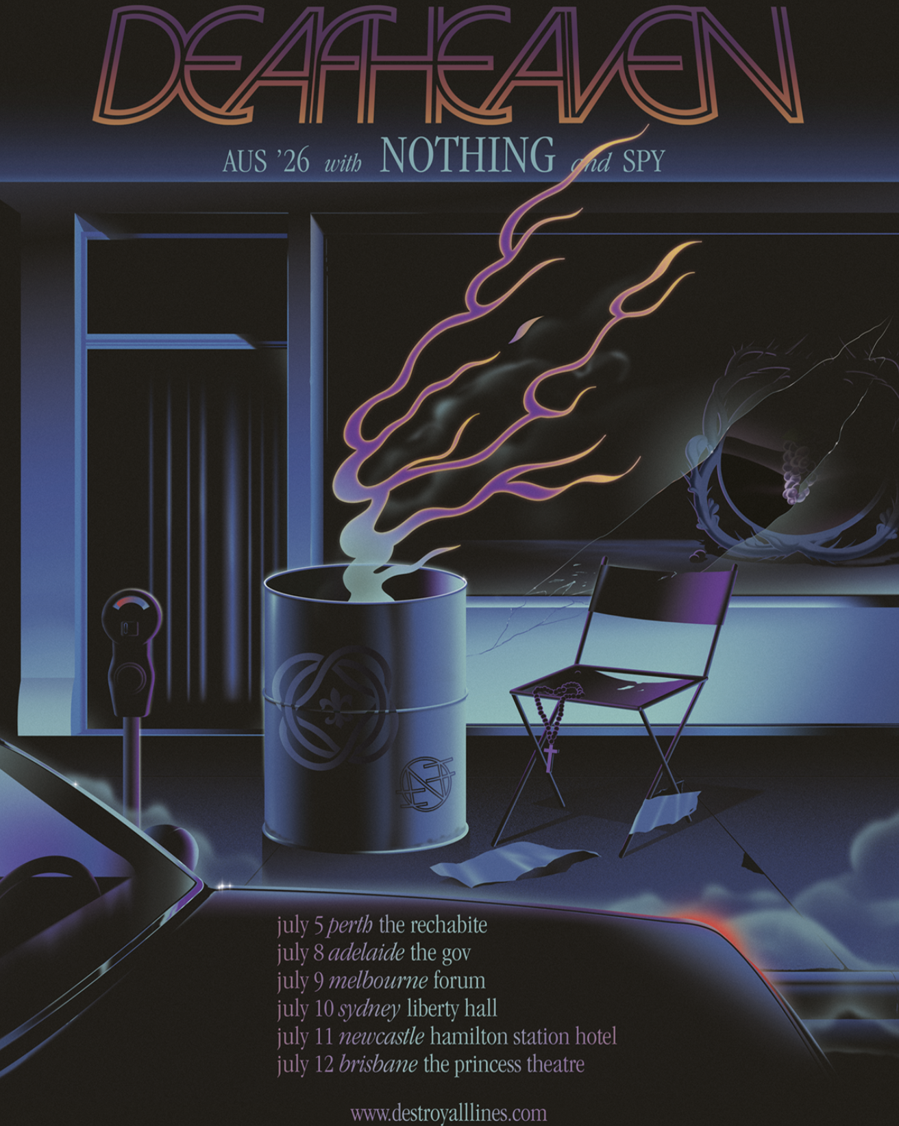 Deafheaven Australia 2026 tour poster with Nothing and Spy. Dates in Perth, Adelaide, Melbourne, Sydney, Newcastle, and Brisbane. Surreal artwork.