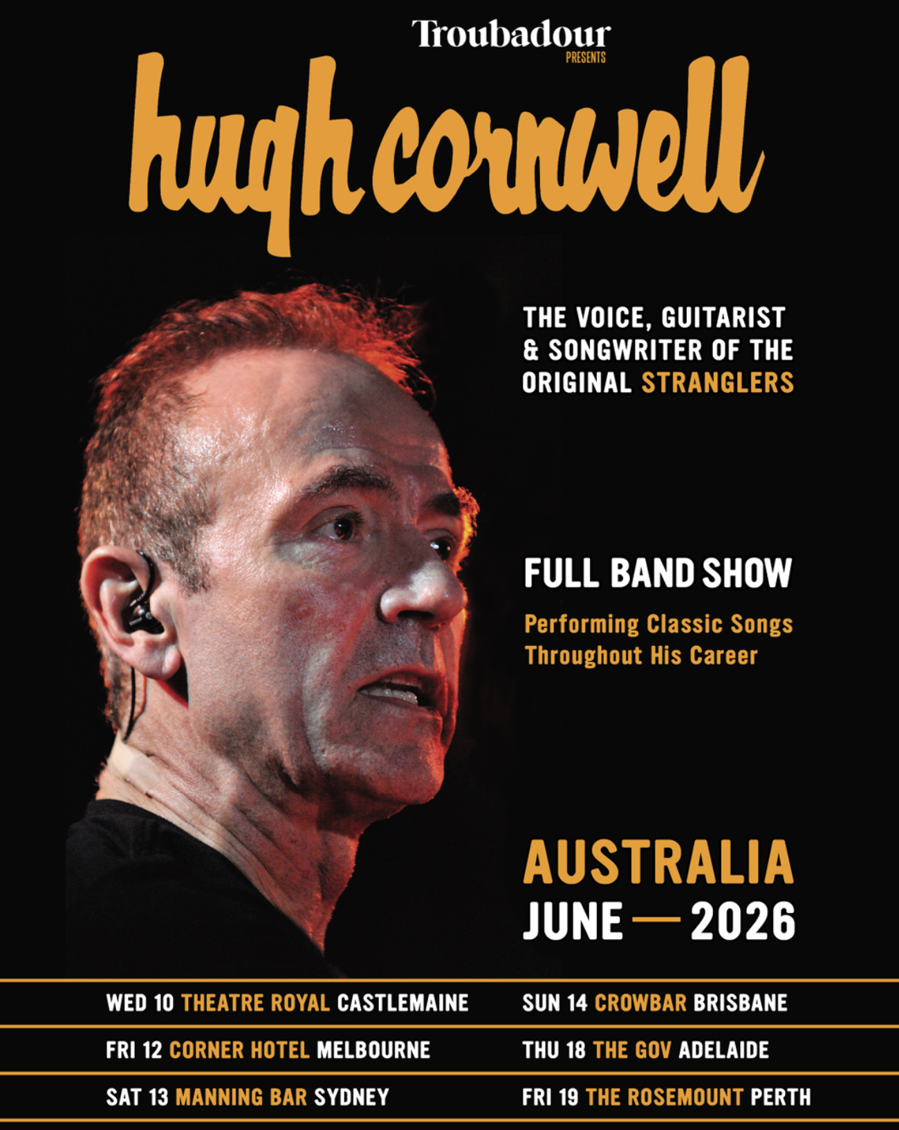 Hugh Cornwell Australia 2026 tour poster, featuring the original Stranglers guitarist with a full band for June concert dates in major cities.