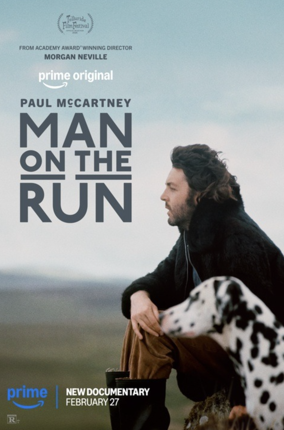 Movie poster for Man on the Run, a 2026 documentary about Paul McCartney and the band Wings. It features a portrait of Paul McCartney.