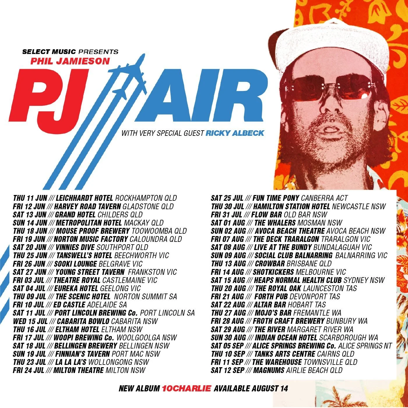 Phil Jamieson "PJ Air" 2026 Australian tour poster with Ricky Albeck, listing dates for Sydney, Melbourne, Brisbane, and Adelaide through September.