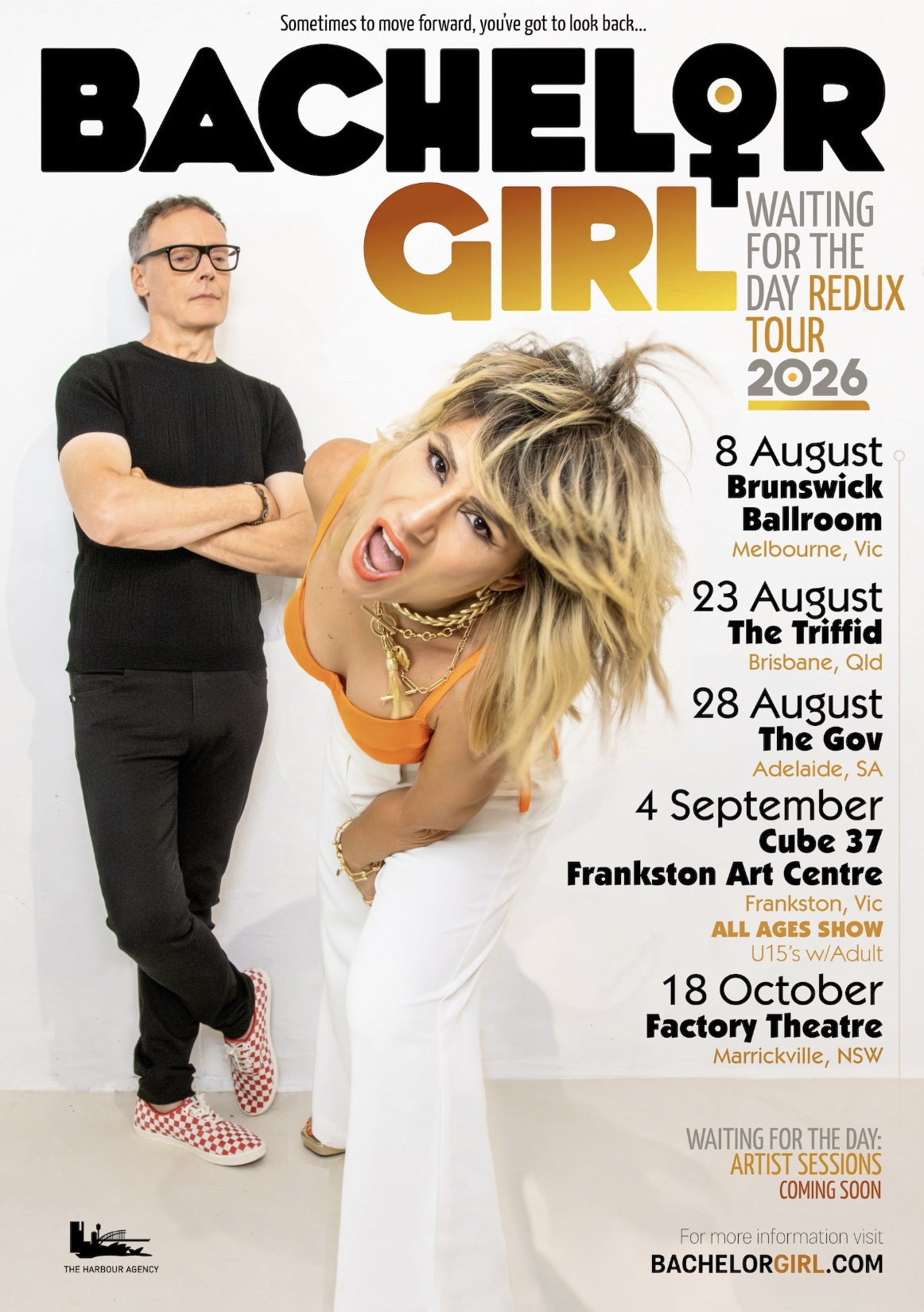 Bachelor Girl "Waiting for the Day Redux Tour 2026" poster. Tania Doko and James Roche pose with 2026 Australian tour dates and venue information.