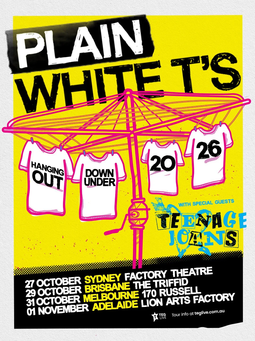 Plain White T's 2026 Australian tour poster with a yellow background, pink Hills Hoist clothesline, white t-shirts, and tour dates listed below.