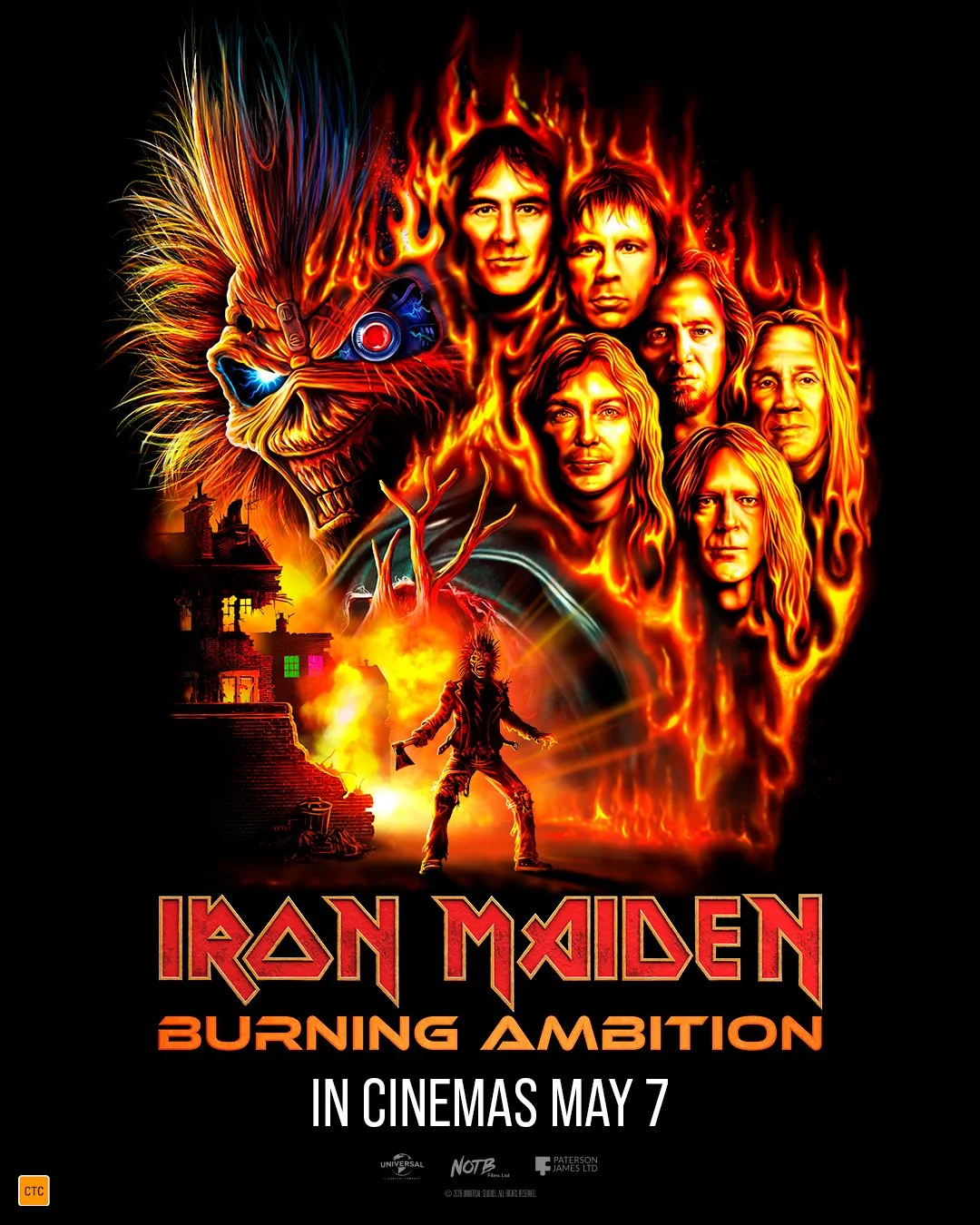 Iron Maiden Burning Ambition movie poster. Features band members' faces in flames, a cyborg Eddie, and a burning figure. In cinemas May 7.