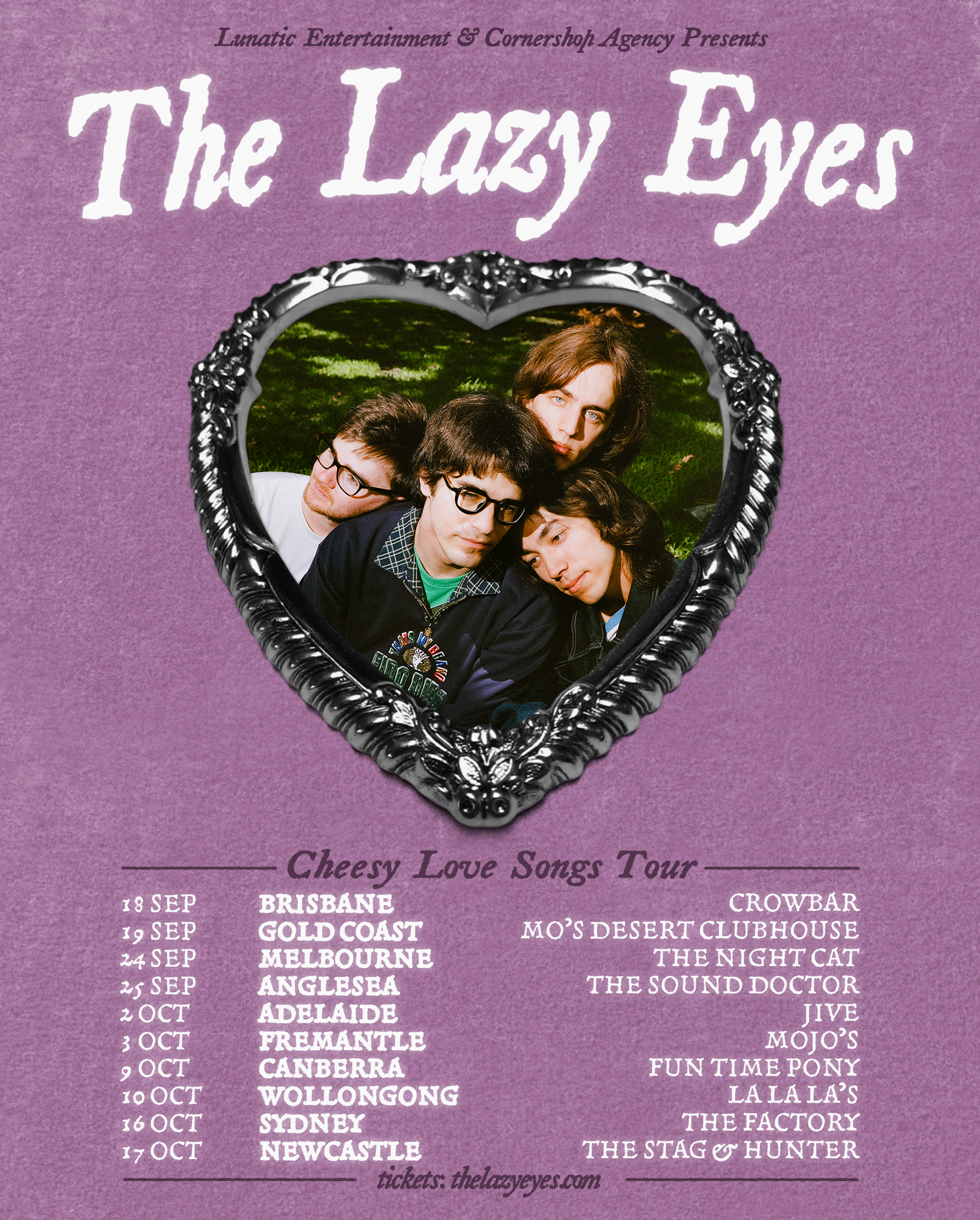 The Lazy Eyes Cheesy Love Songs Australian tour poster. Features a band photo inside a silver heart frame on a purple background with tour dates.