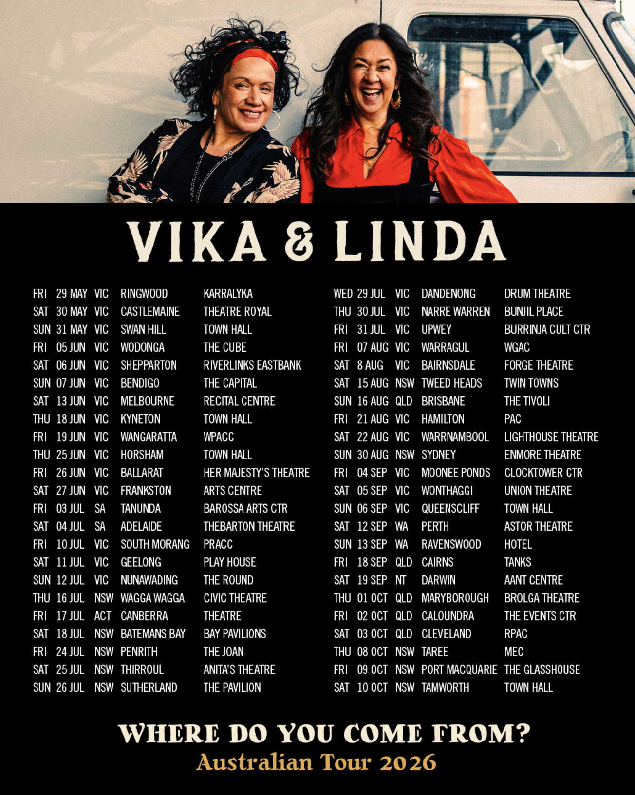 Vika & Linda "Where Do You Come From?" 2026 Australian tour poster featuring extensive dates across VIC, NSW, QLD, SA, WA, ACT, and NT from May to Oct.
