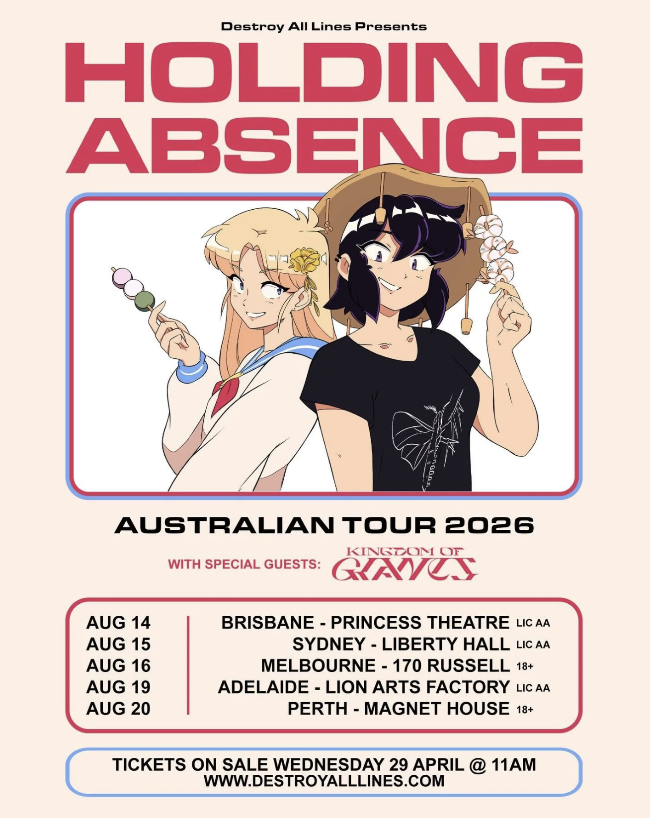 Holding Absence Australian Tour 2026 poster. Features anime-style art of two girls with dango and food on sticks. Special guest Kingdom of Giants. Shows dates for Brisbane, Sydney, Melbourne, Adelaide, Perth. Tickets on sale Wednesday 29 April.